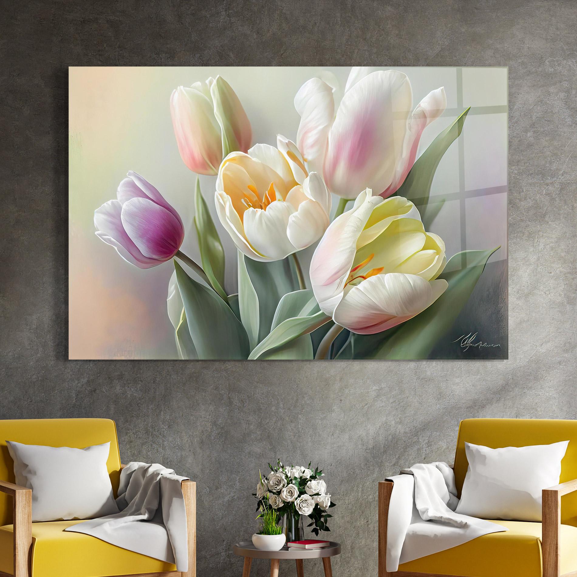 Стъклена картина White Tulips Painting mockup 4