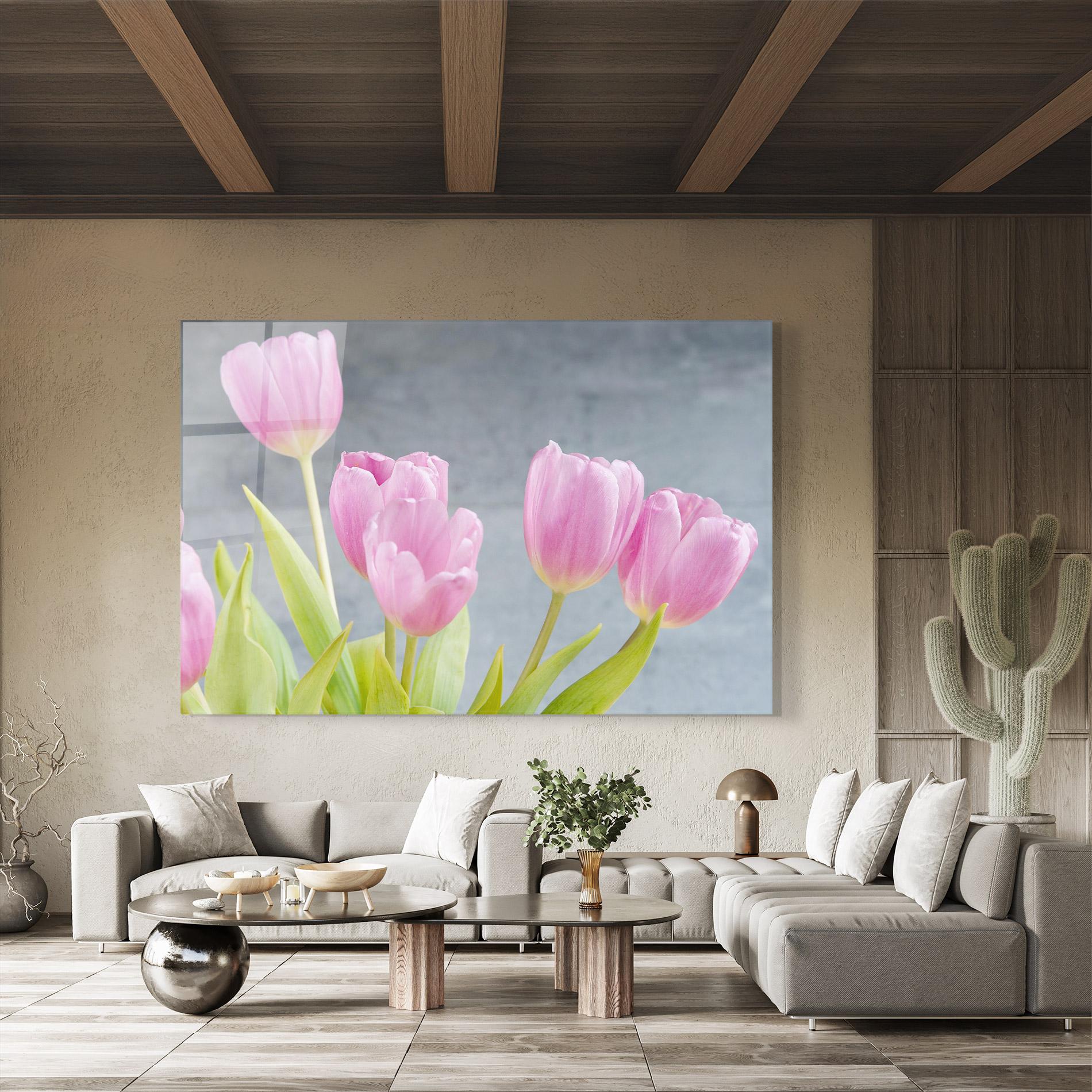 Стъклена картина Pink Pastel Tulip On Grey mockup 8