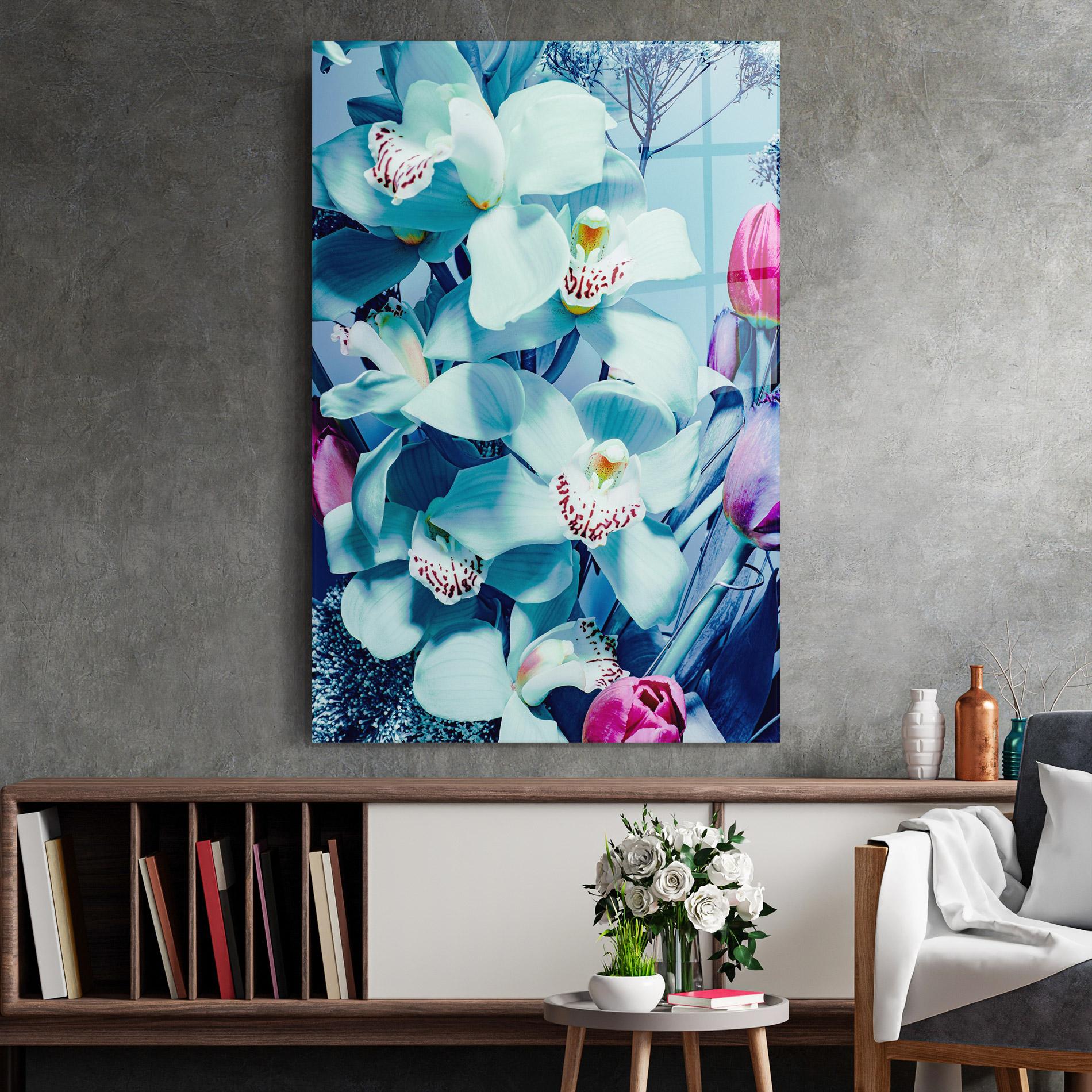 Стъклена картина Light Blue Orchids mockup 2