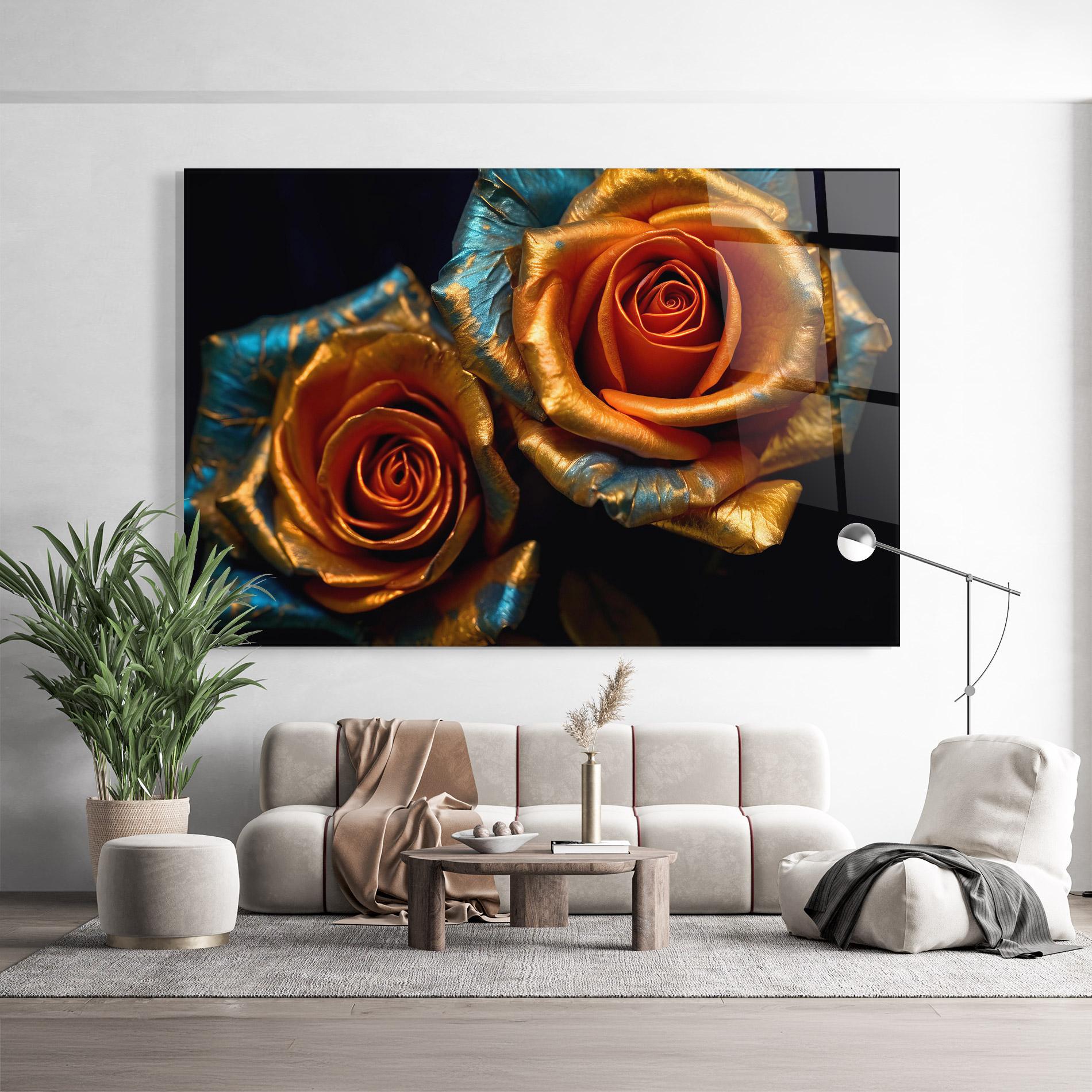 Стъклена картина Golden Blue Roses mockup 9