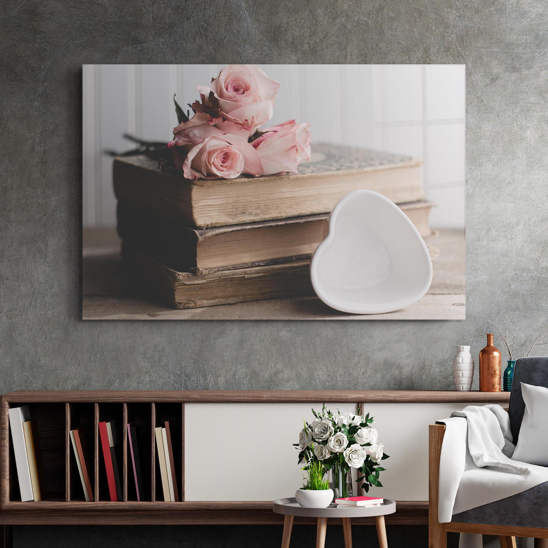 Стъклена картина Books With Roses mockup 2