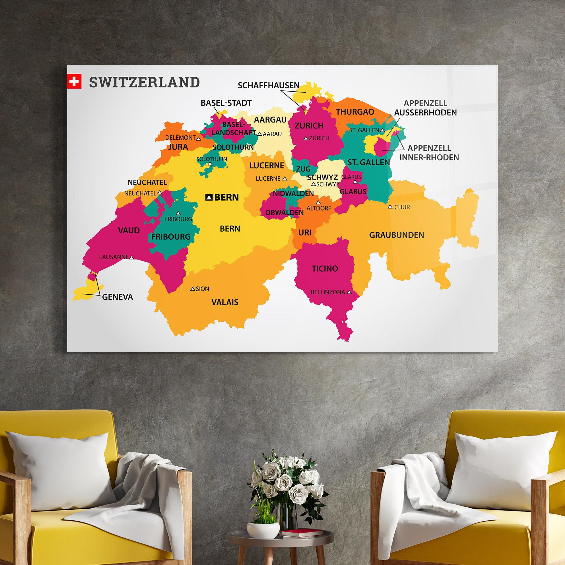 Стъклена картина Switzerland Colorful Map mockup 4