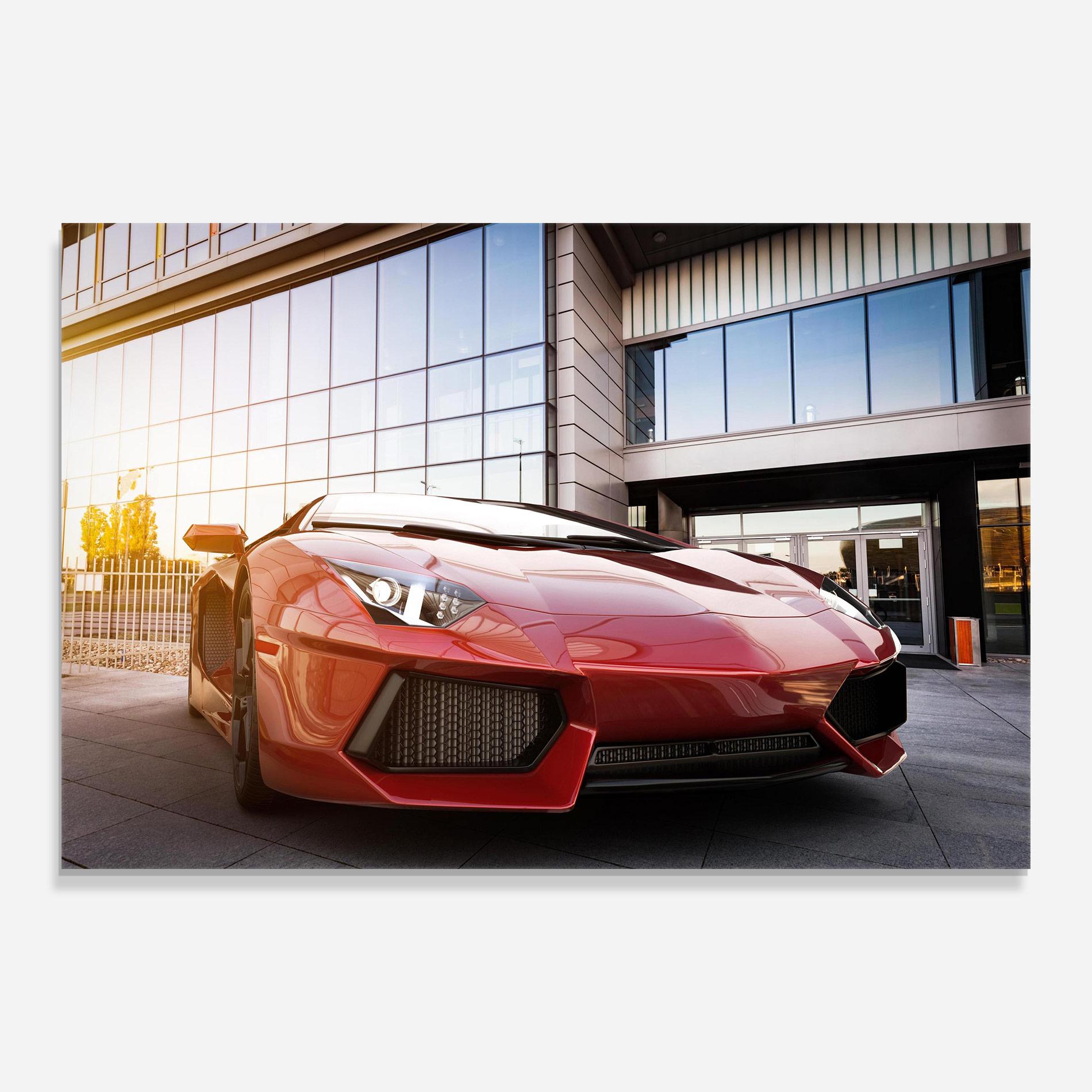 Стъклена картина Red Lambo Outside mockup 0