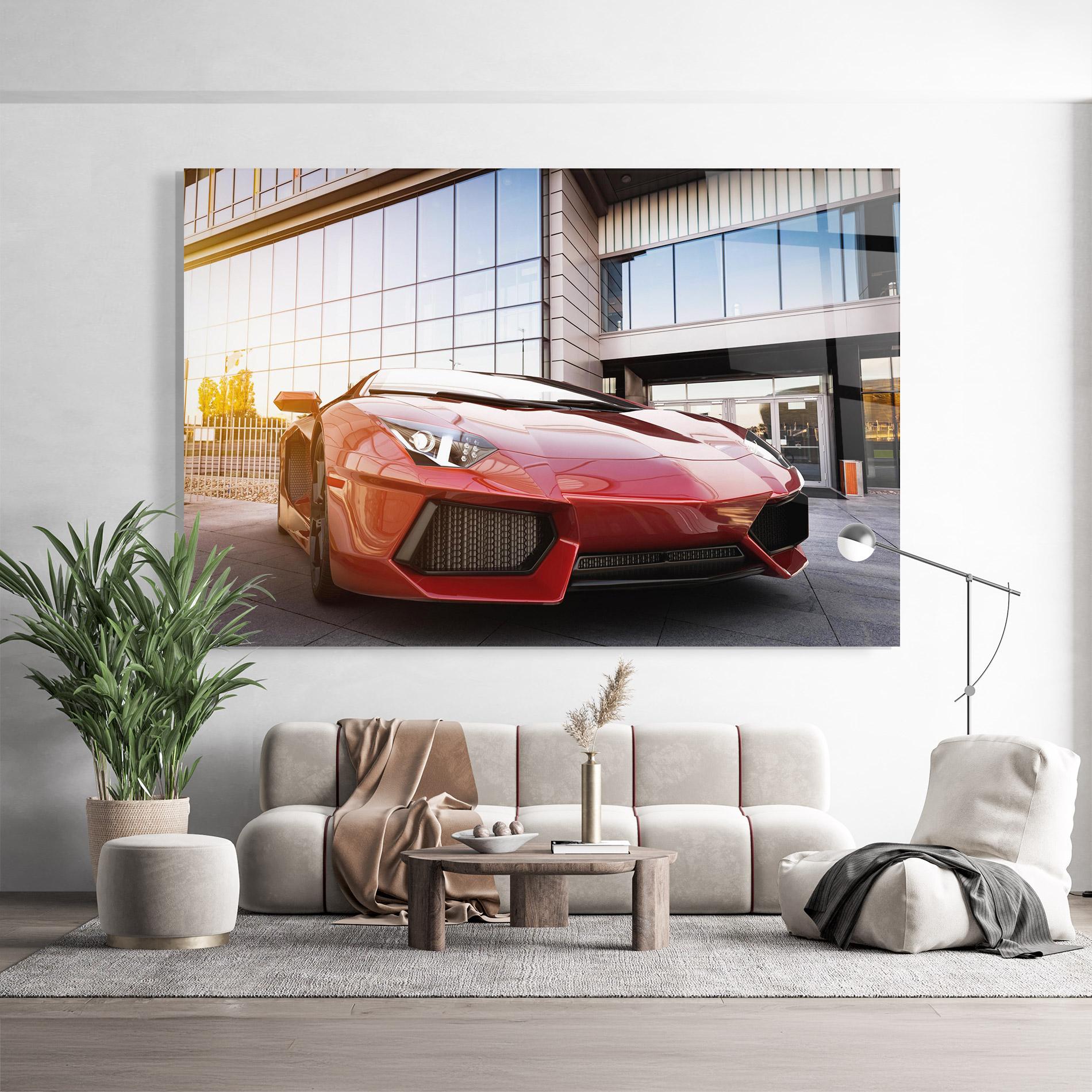Стъклена картина Red Lambo Outside mockup 9