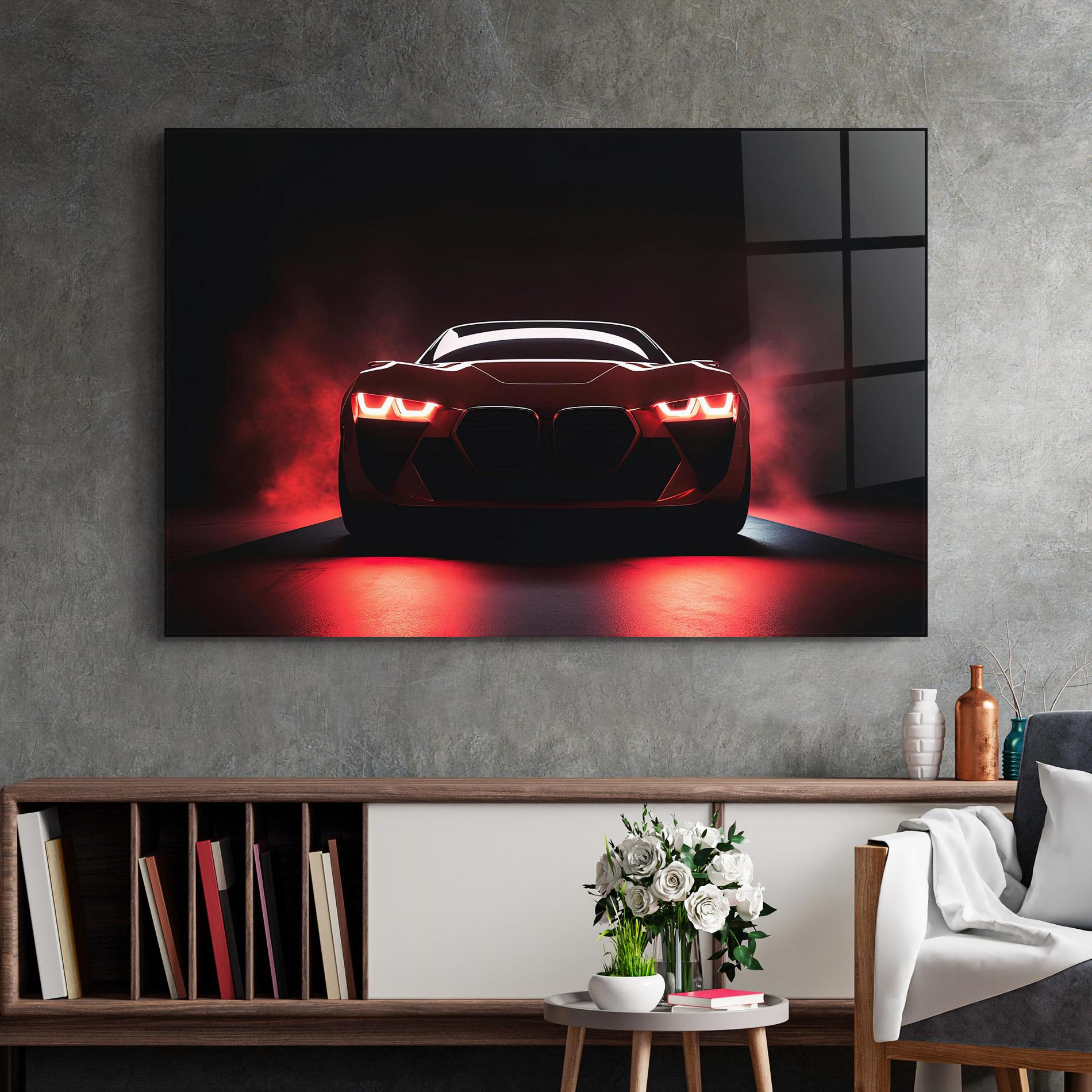 Стъклена картина Red Bmw In Smoke mockup 2
