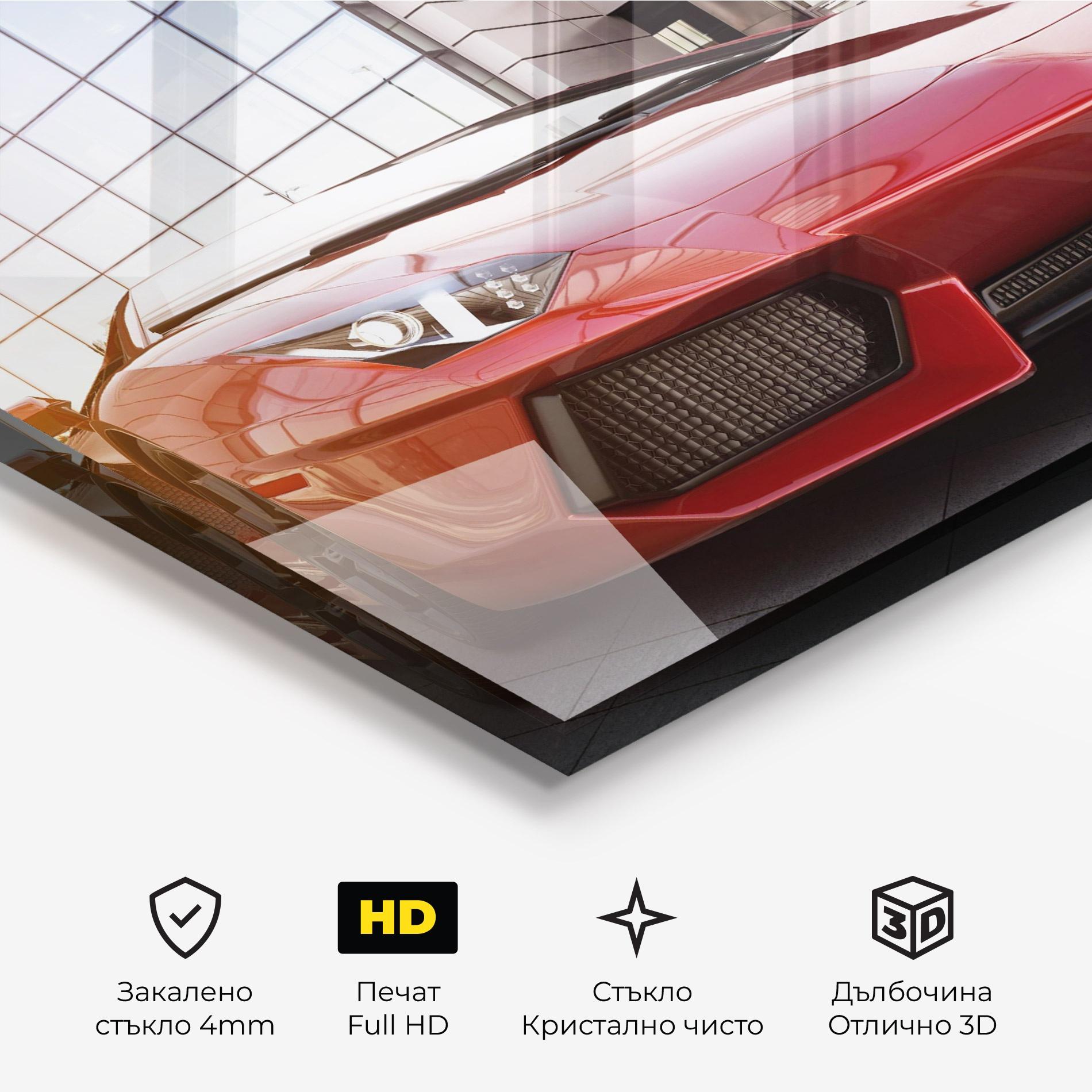 Стъклена картина Red Lambo Outside mockup 3