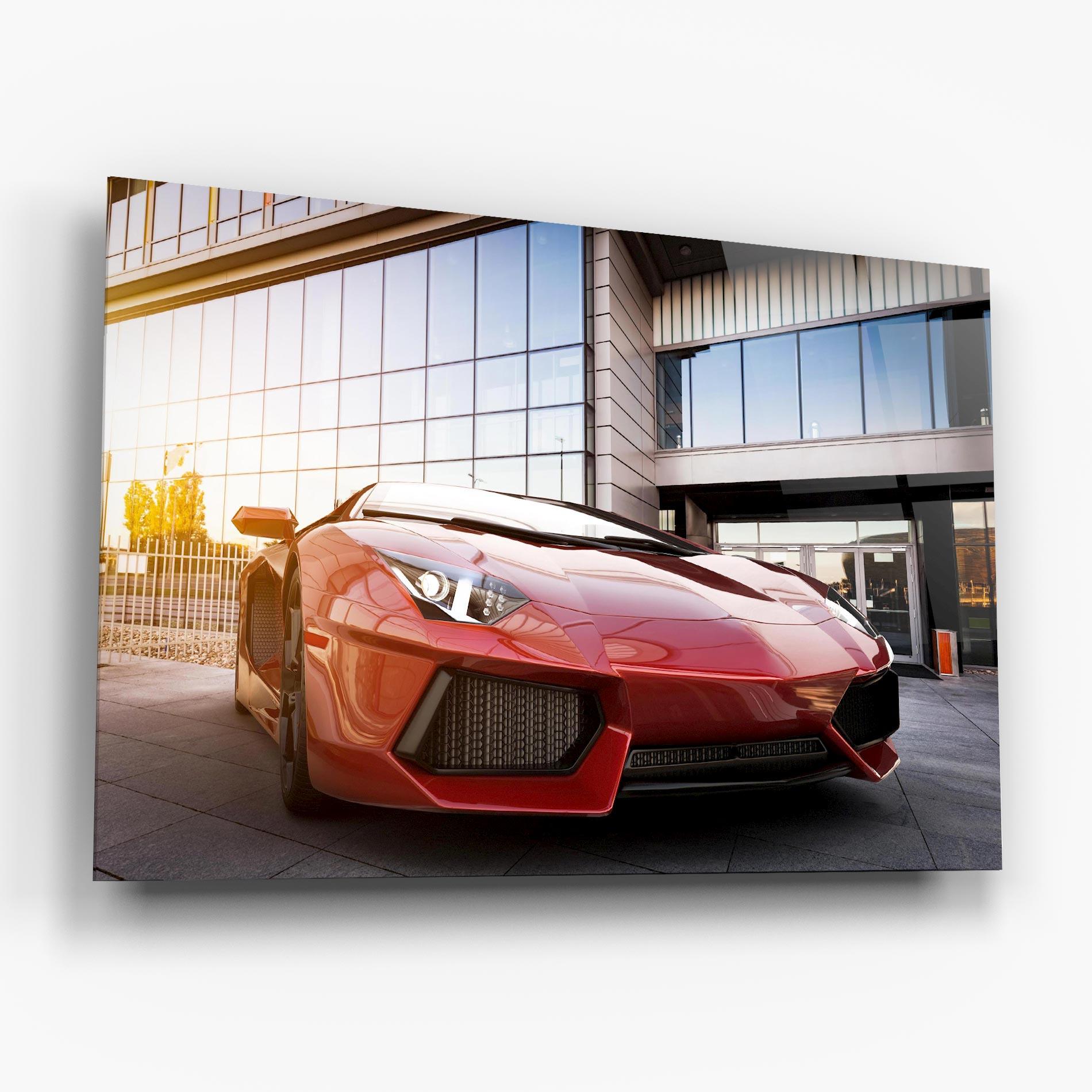 Стъклена картина Red Lambo Outside mockup 6