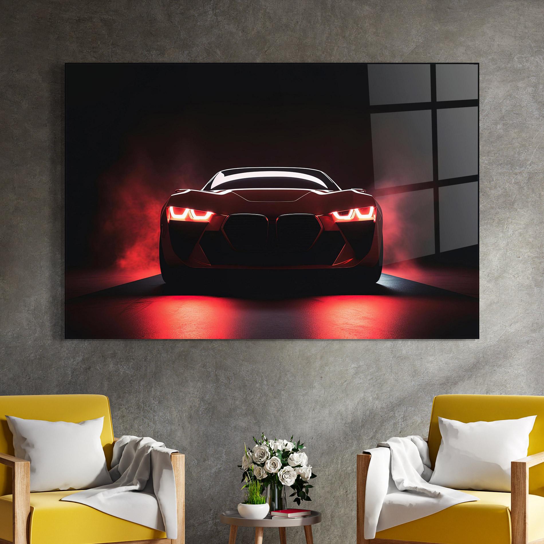 Стъклена картина Red Bmw In Smoke mockup 4