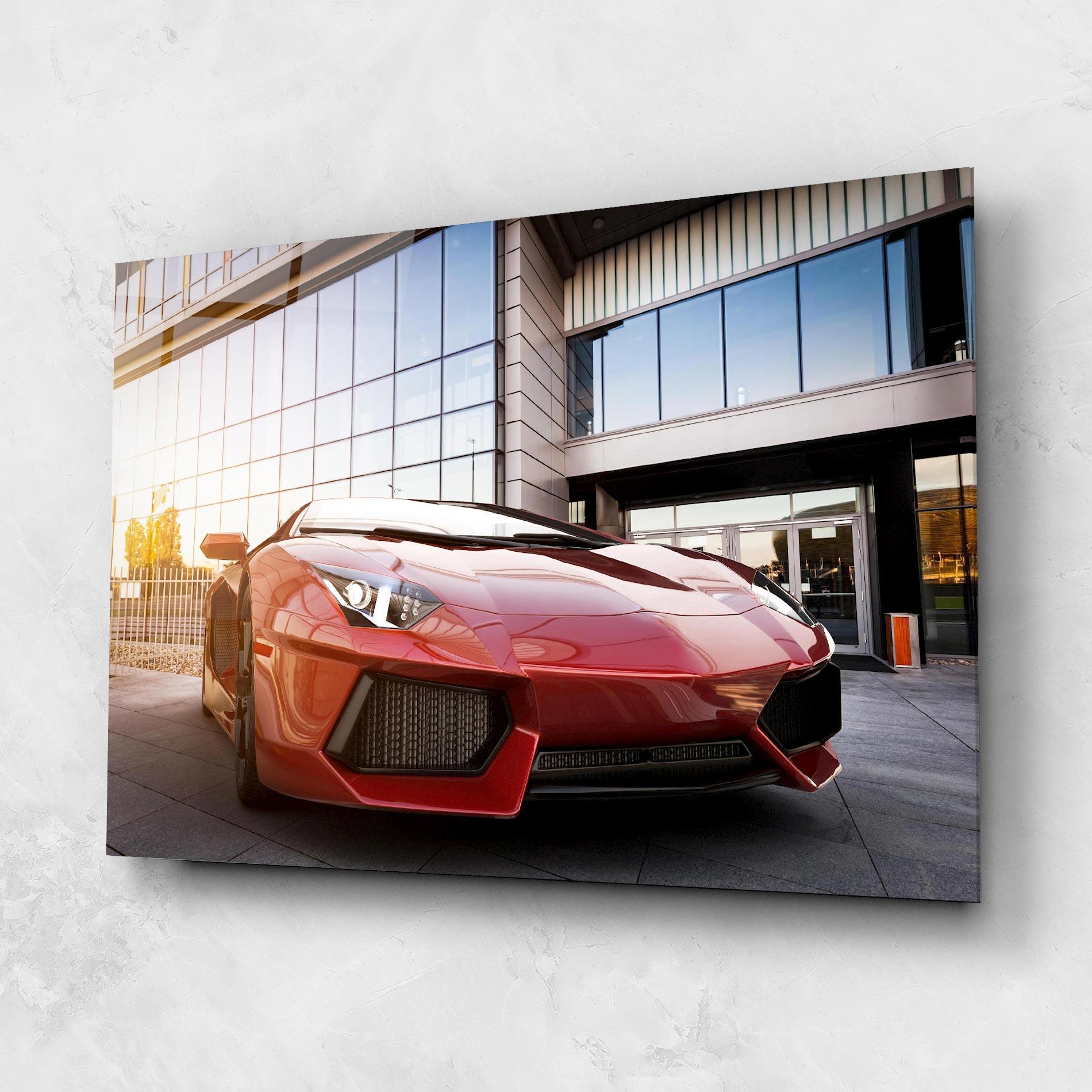 Стъклена картина Red Lambo Outside mockup 1