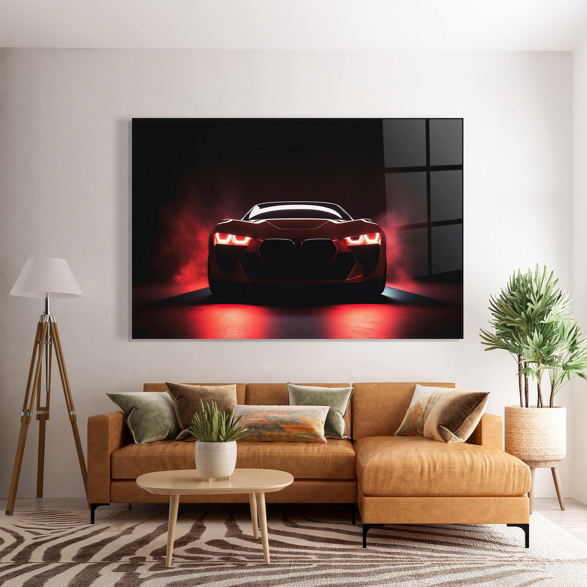 Стъклена картина Red Bmw In Smoke mockup 7