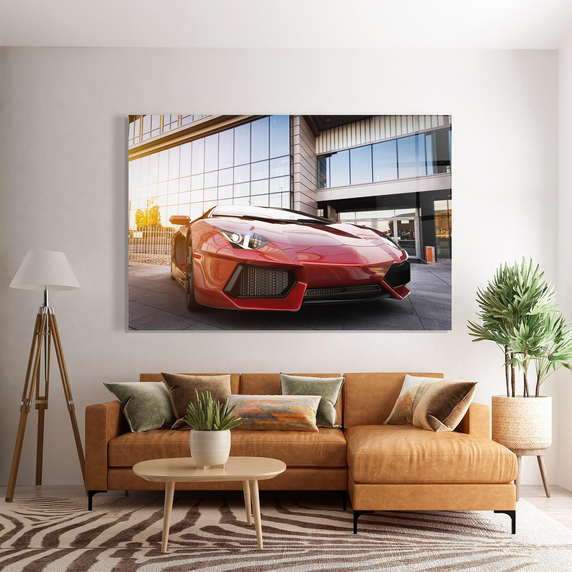 Стъклена картина Red Lambo Outside mockup 7