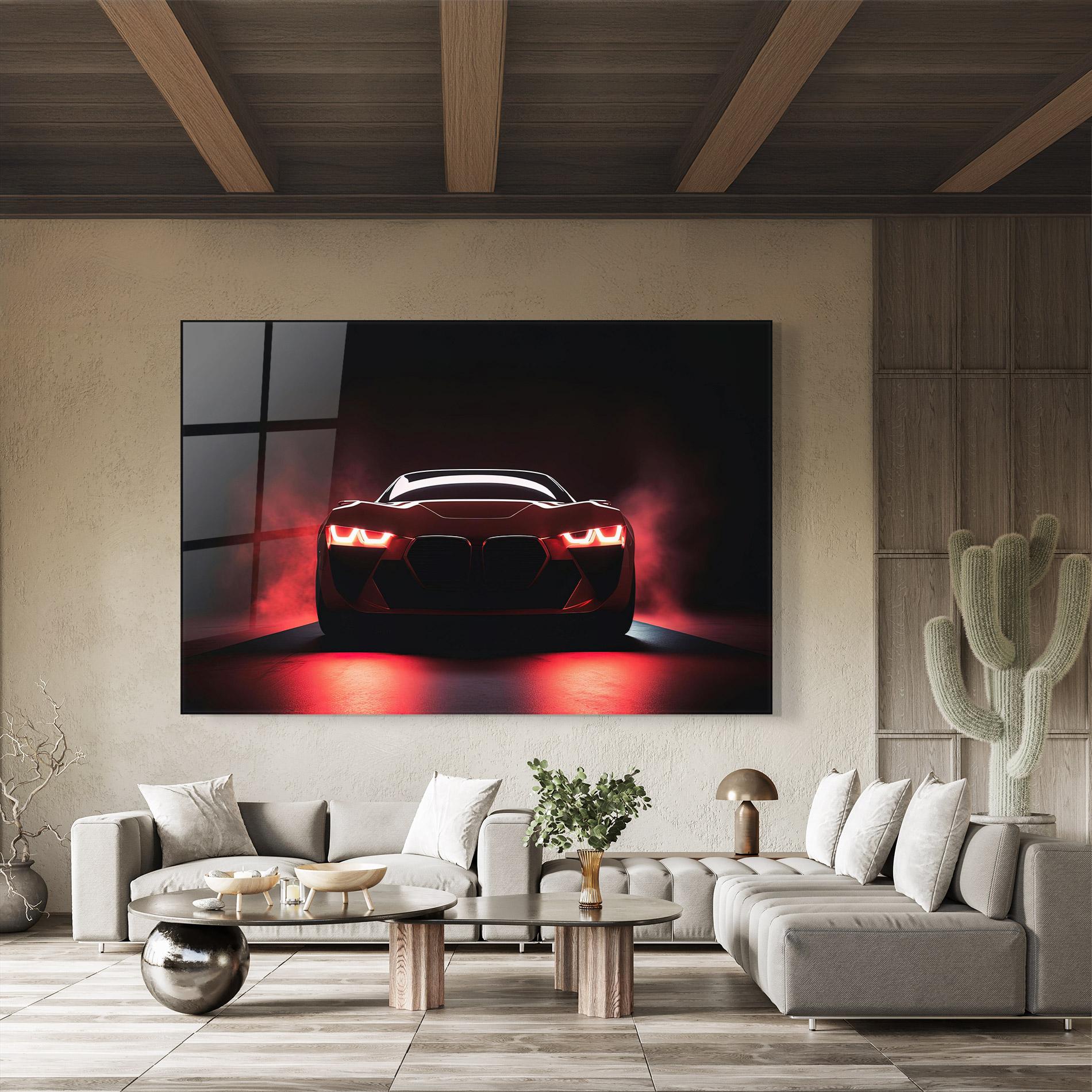 Стъклена картина Red Bmw In Smoke mockup 8