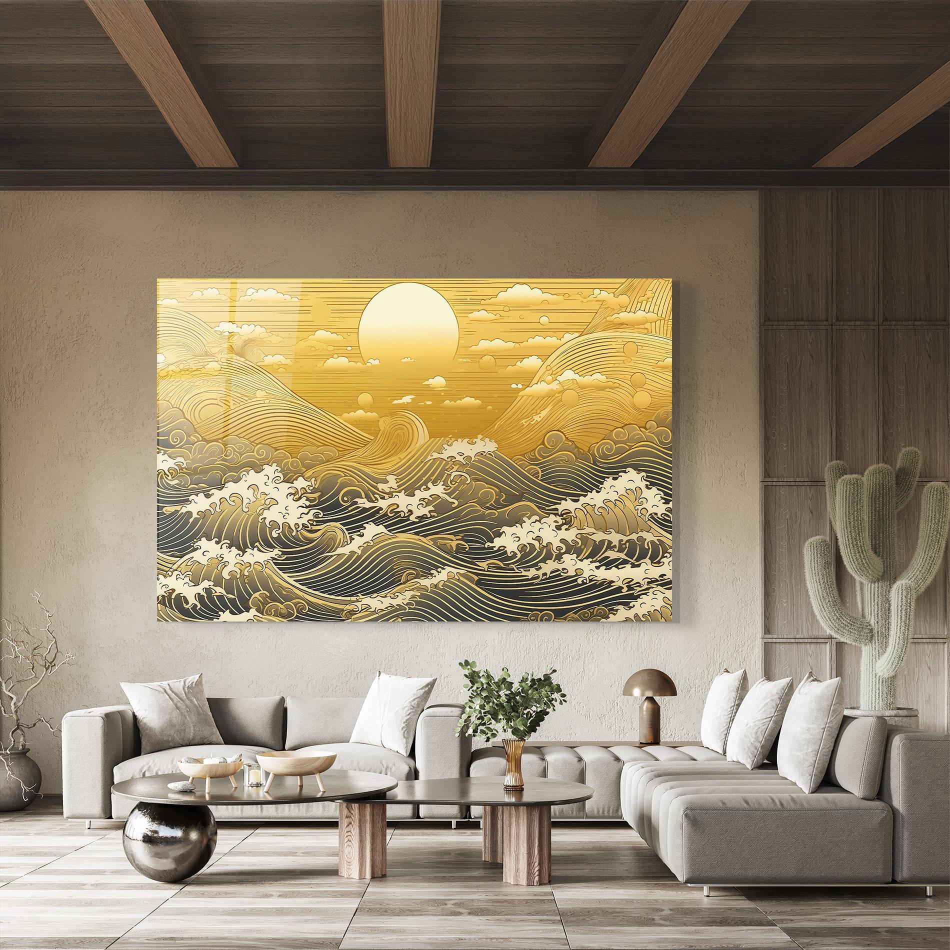 Стъклена картина Blue Gold Waves mockup 8