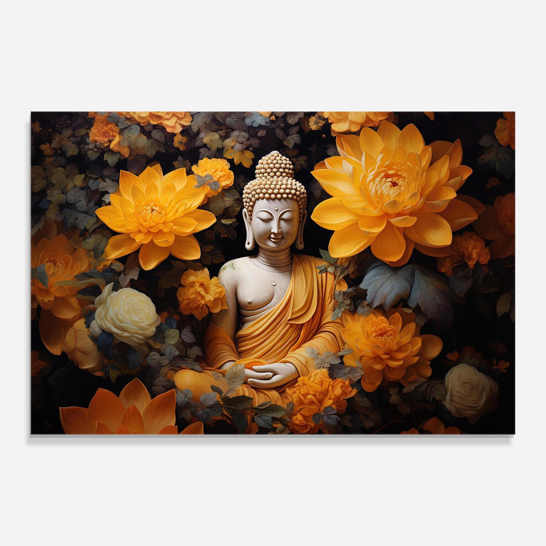 Стъклена картина Buddha Big Flowers mockup 0