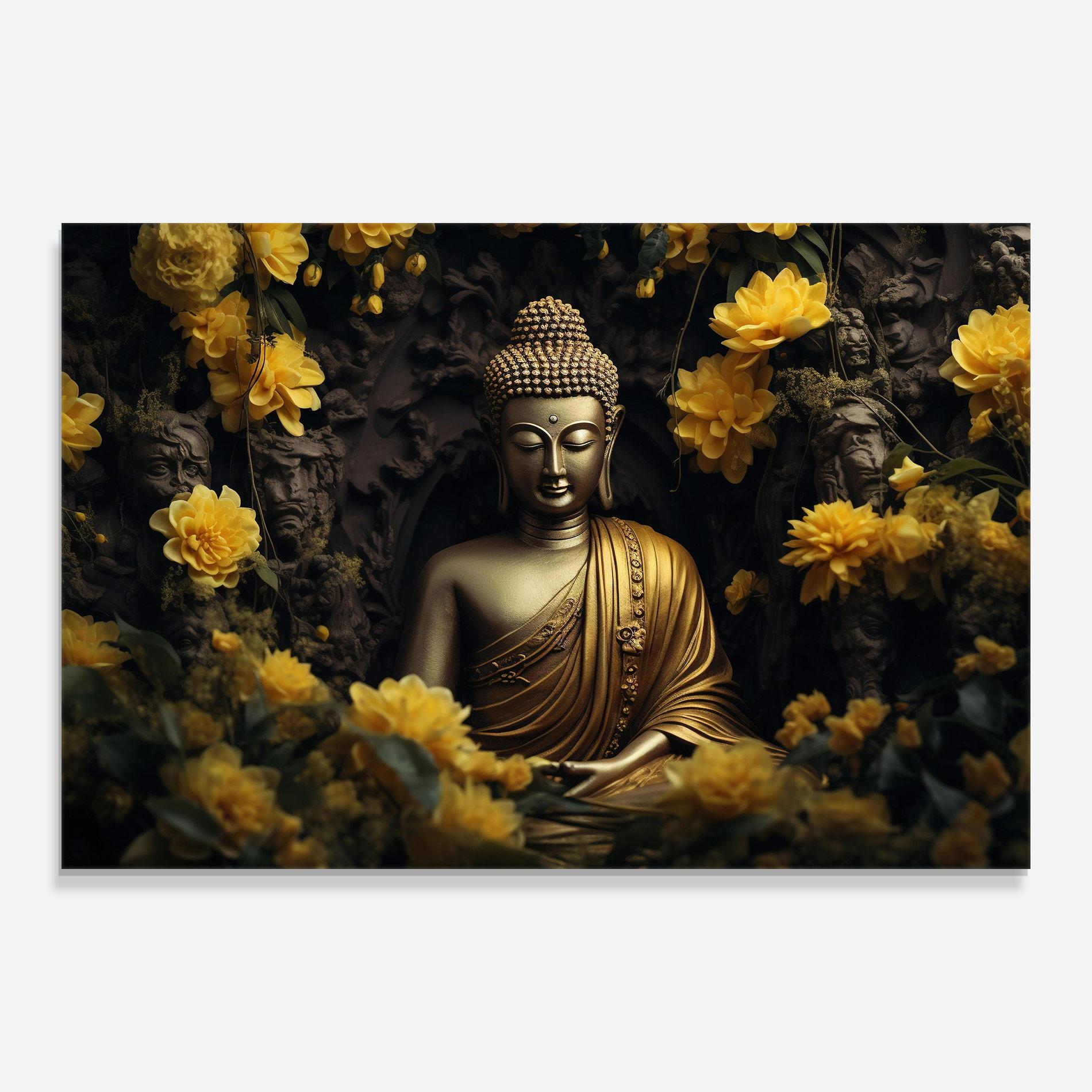 Стъклена картина Gold Buddha Flowers mockup 0