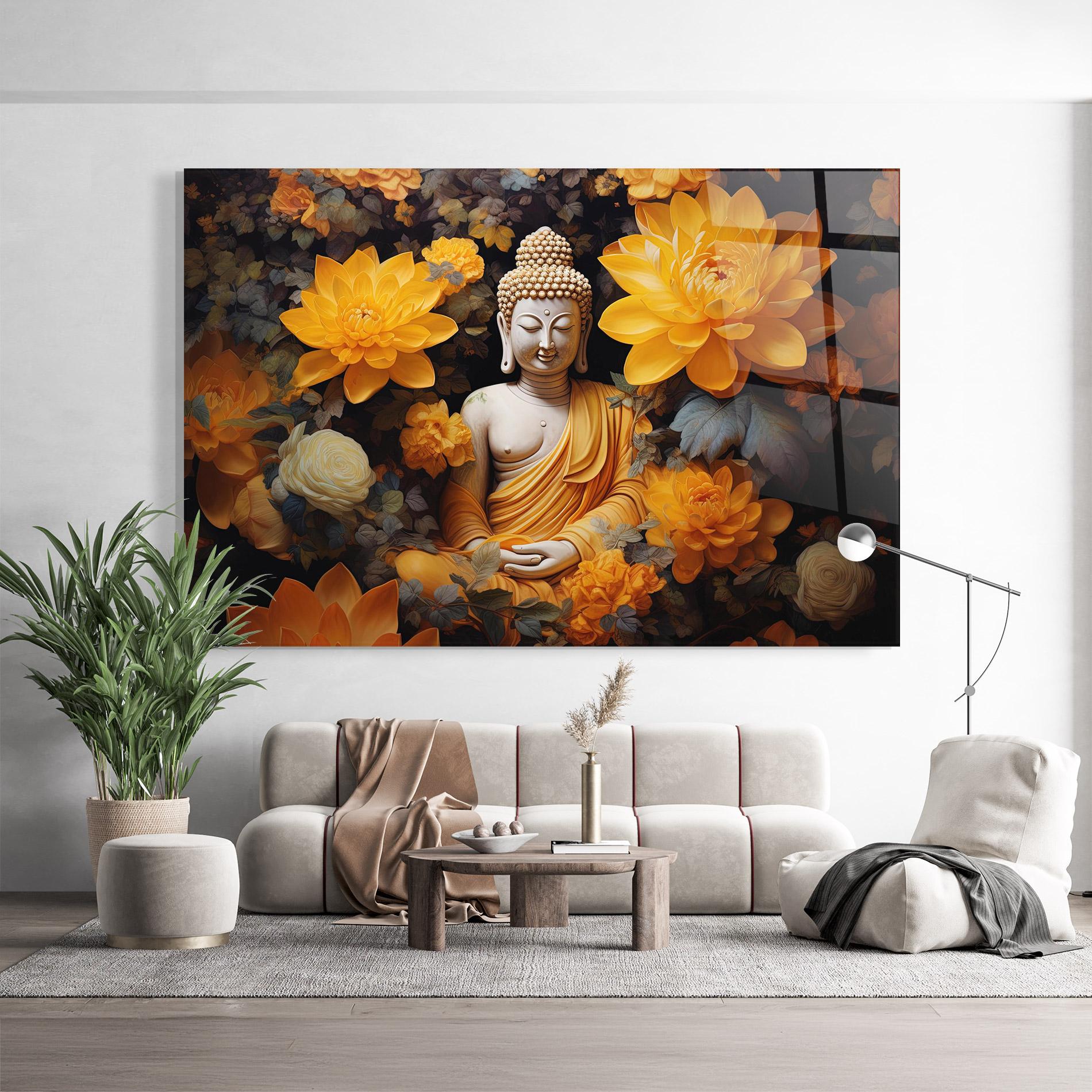 Стъклена картина Buddha Big Flowers mockup 9