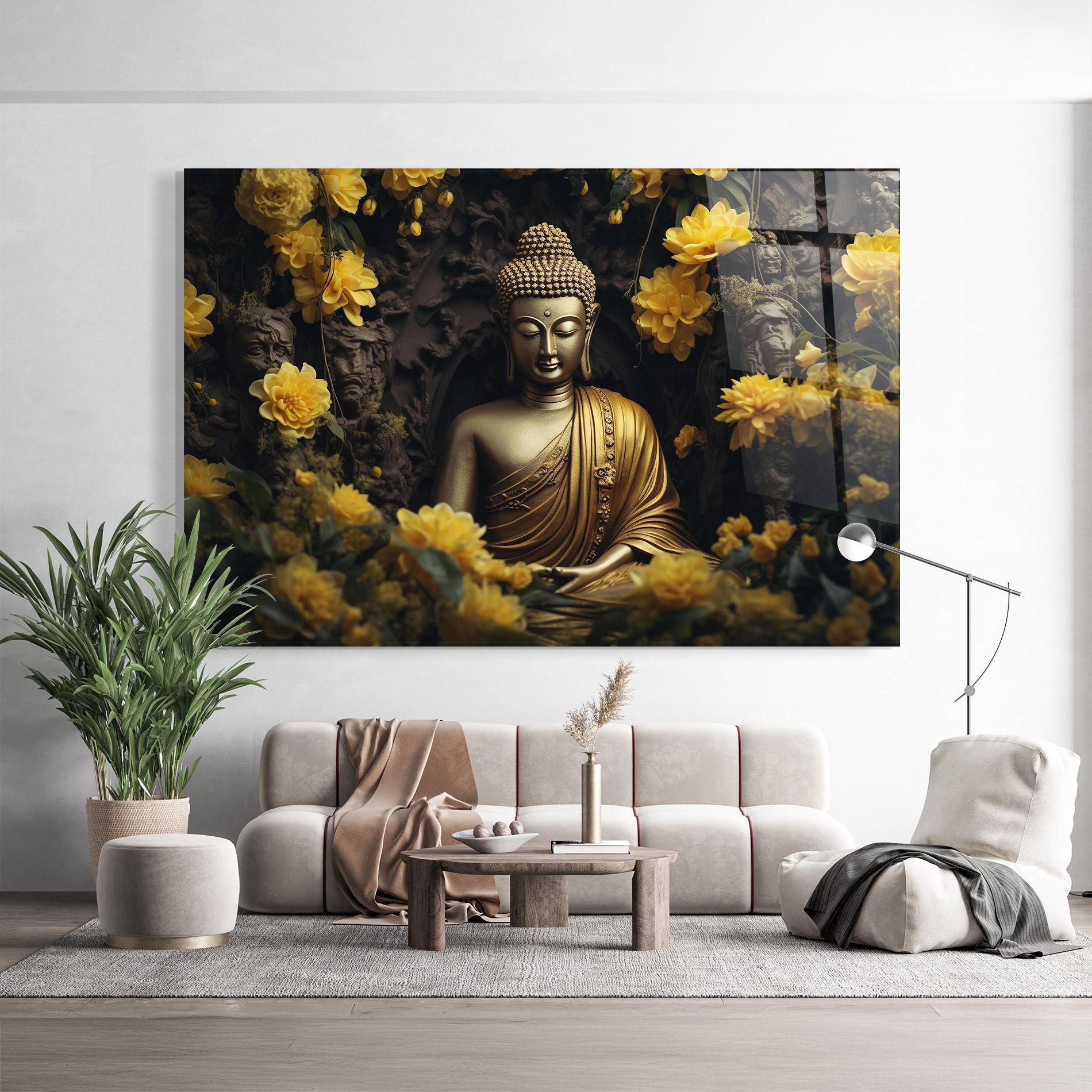 Стъклена картина Gold Buddha Flowers mockup 9