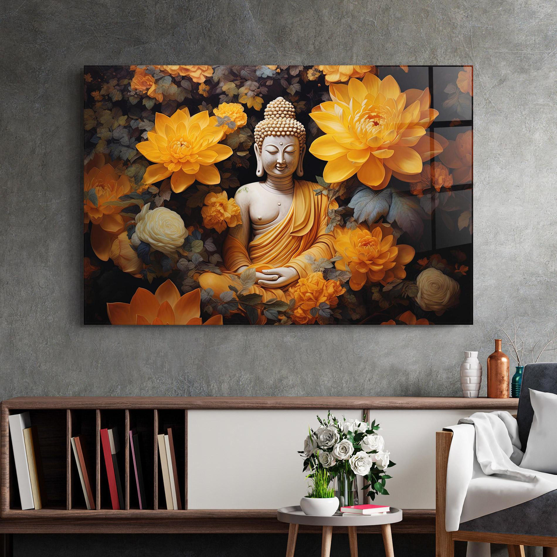 Стъклена картина Buddha Big Flowers mockup 2