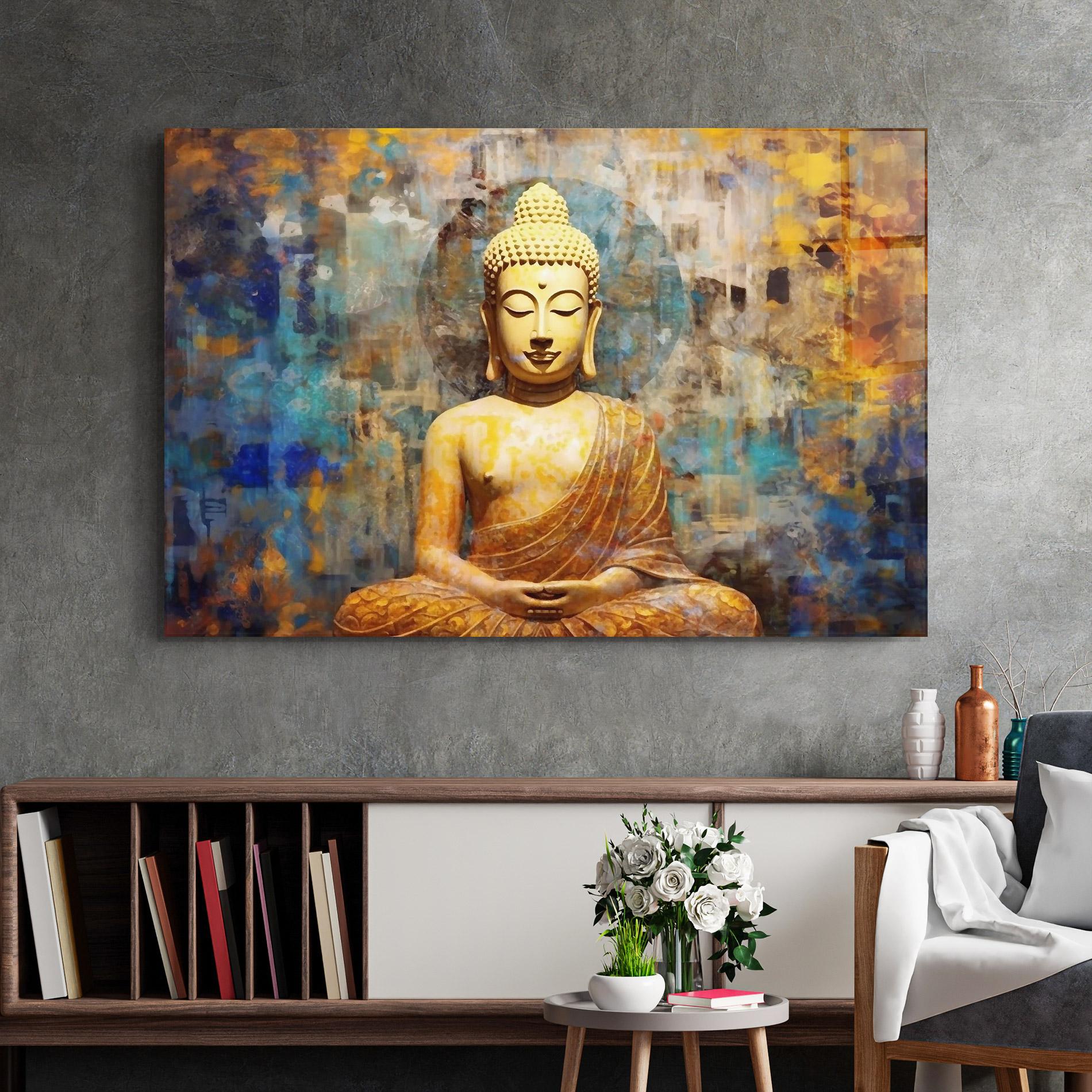 Стъклена картина Buddha Blue Gold mockup 2