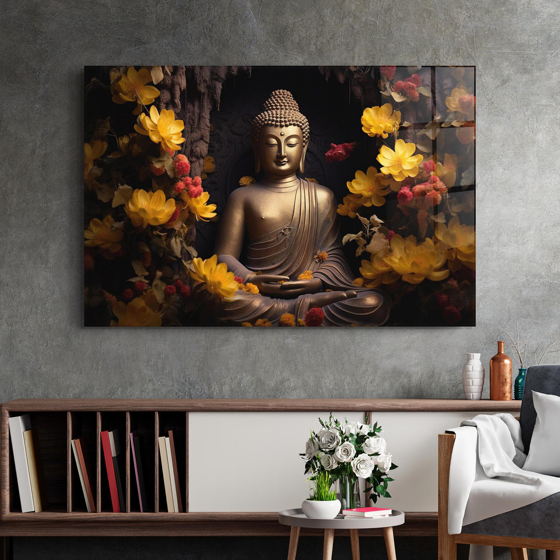 Стъклена картина Buddha Yellow Red mockup 2