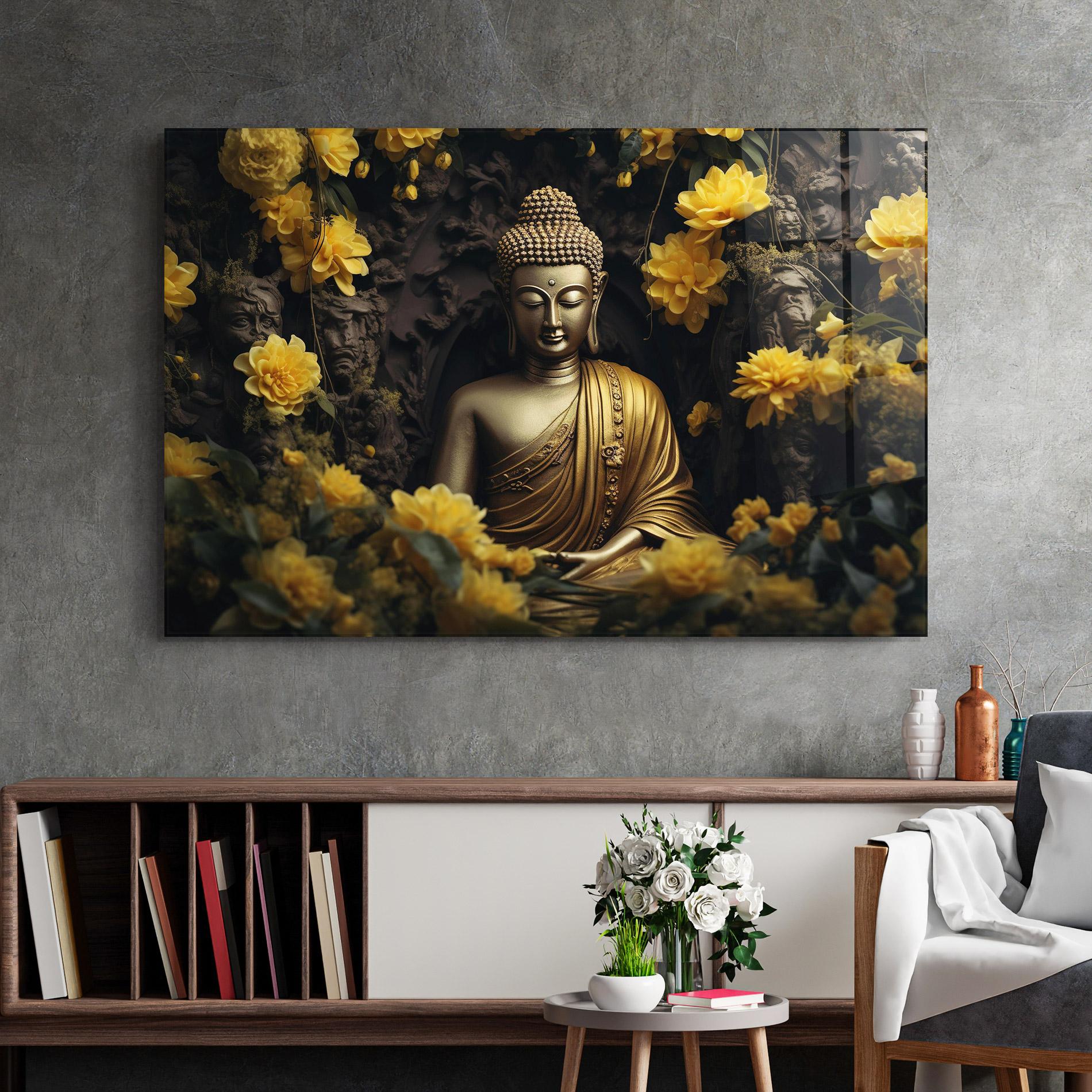 Стъклена картина Gold Buddha Flowers mockup 2