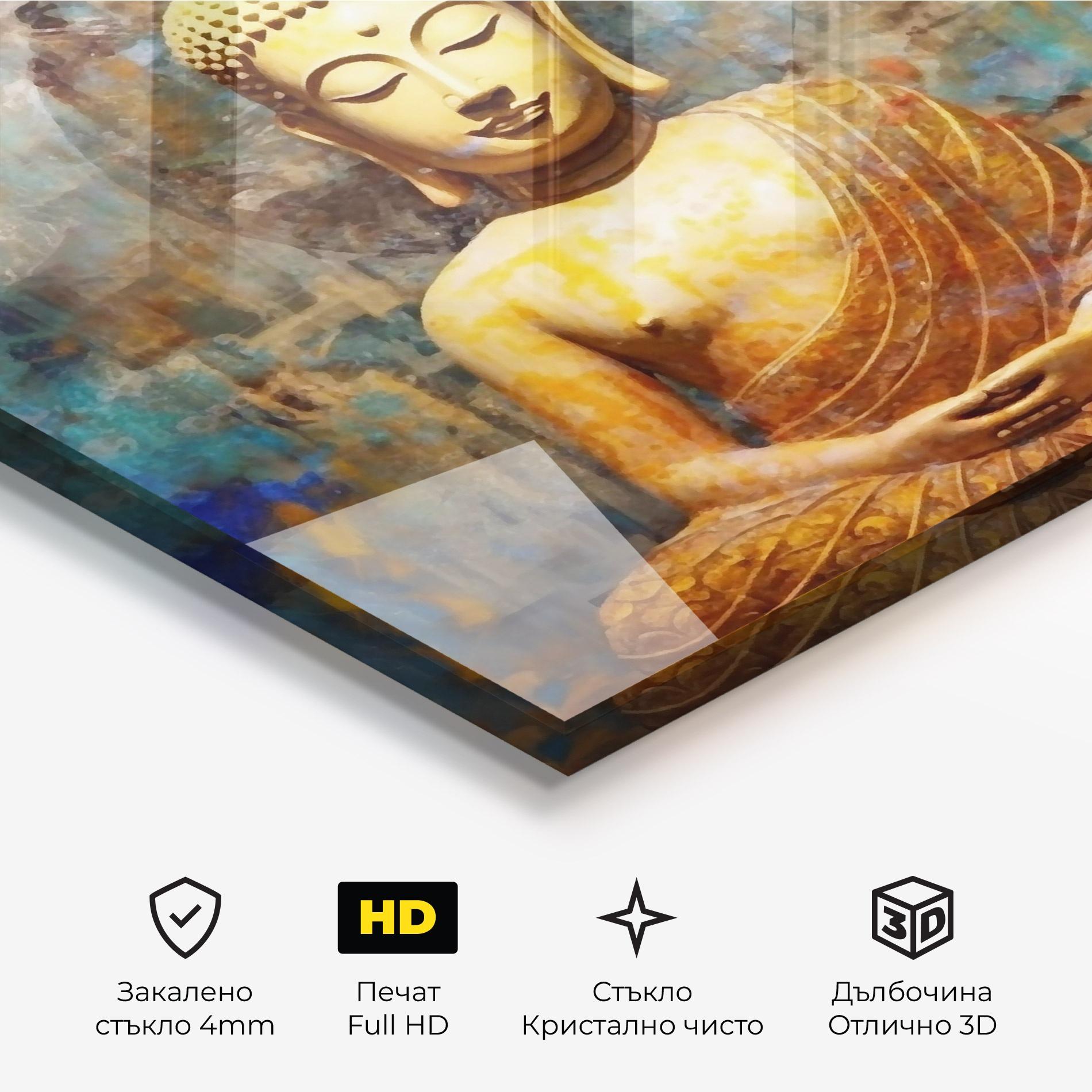 Стъклена картина Buddha Blue Gold mockup 3