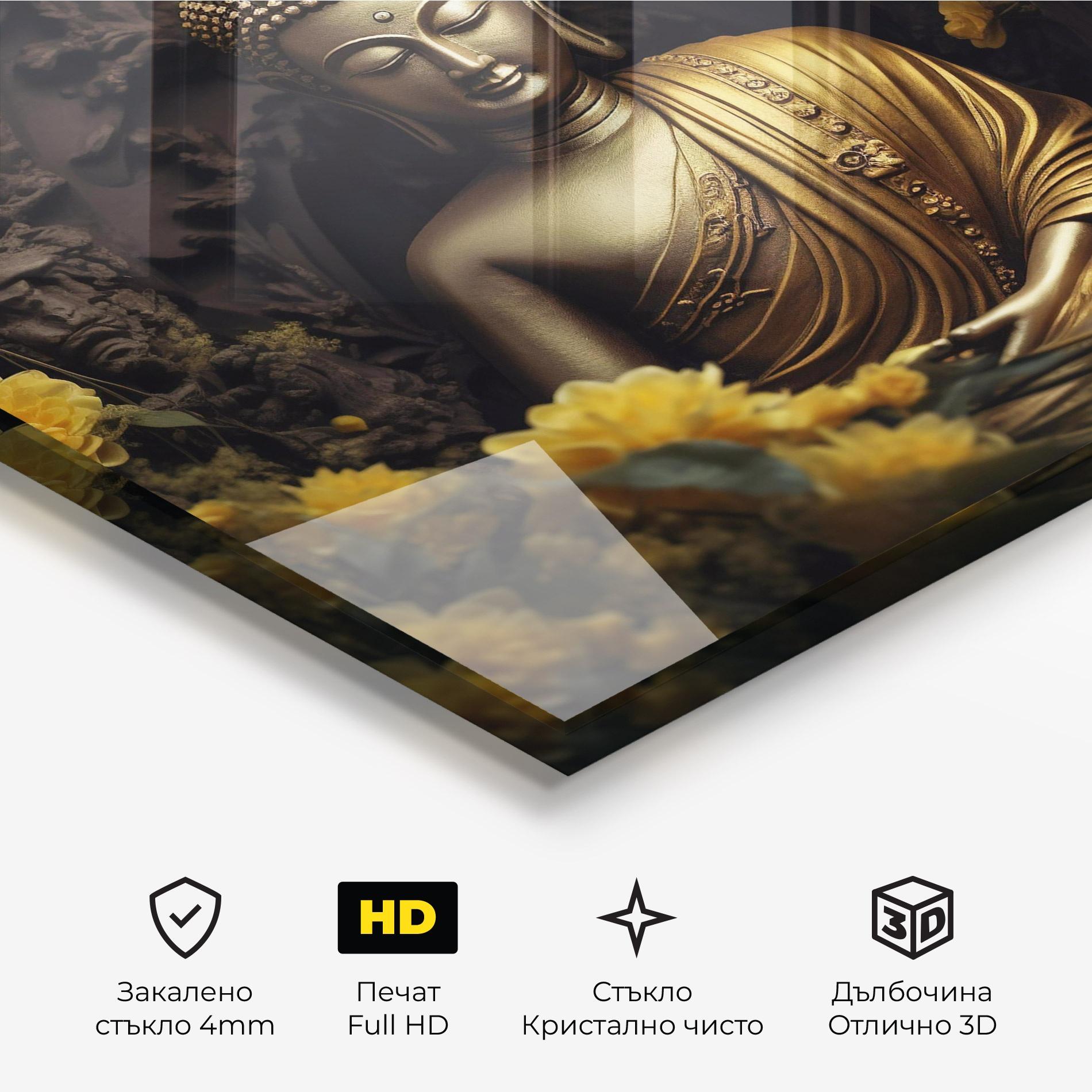 Стъклена картина Gold Buddha Flowers mockup 3