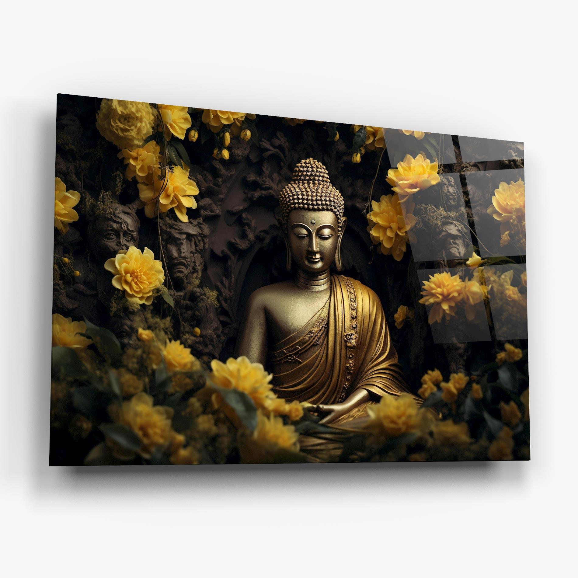 Стъклена картина Gold Buddha Flowers mockup 6