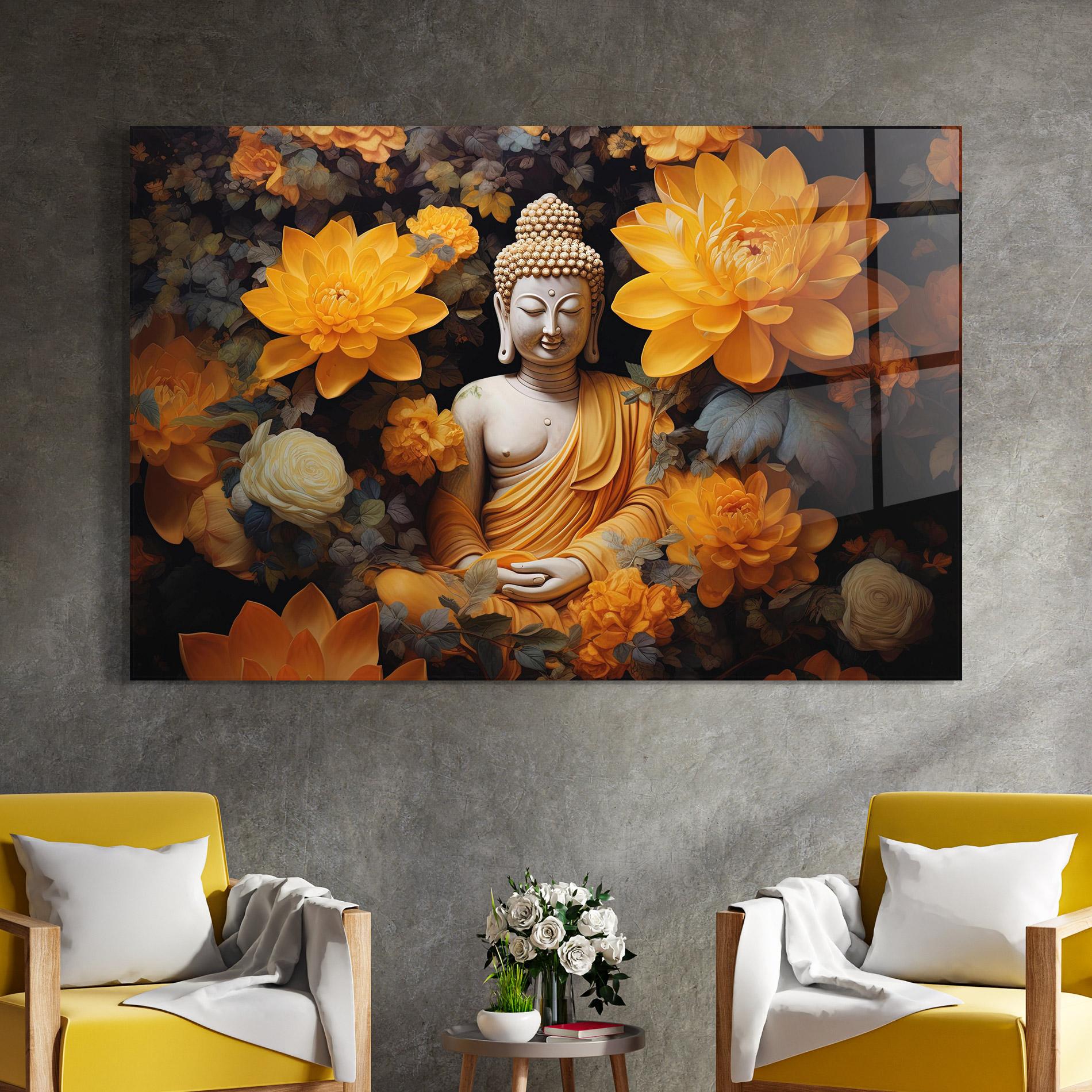 Стъклена картина Buddha Big Flowers mockup 4