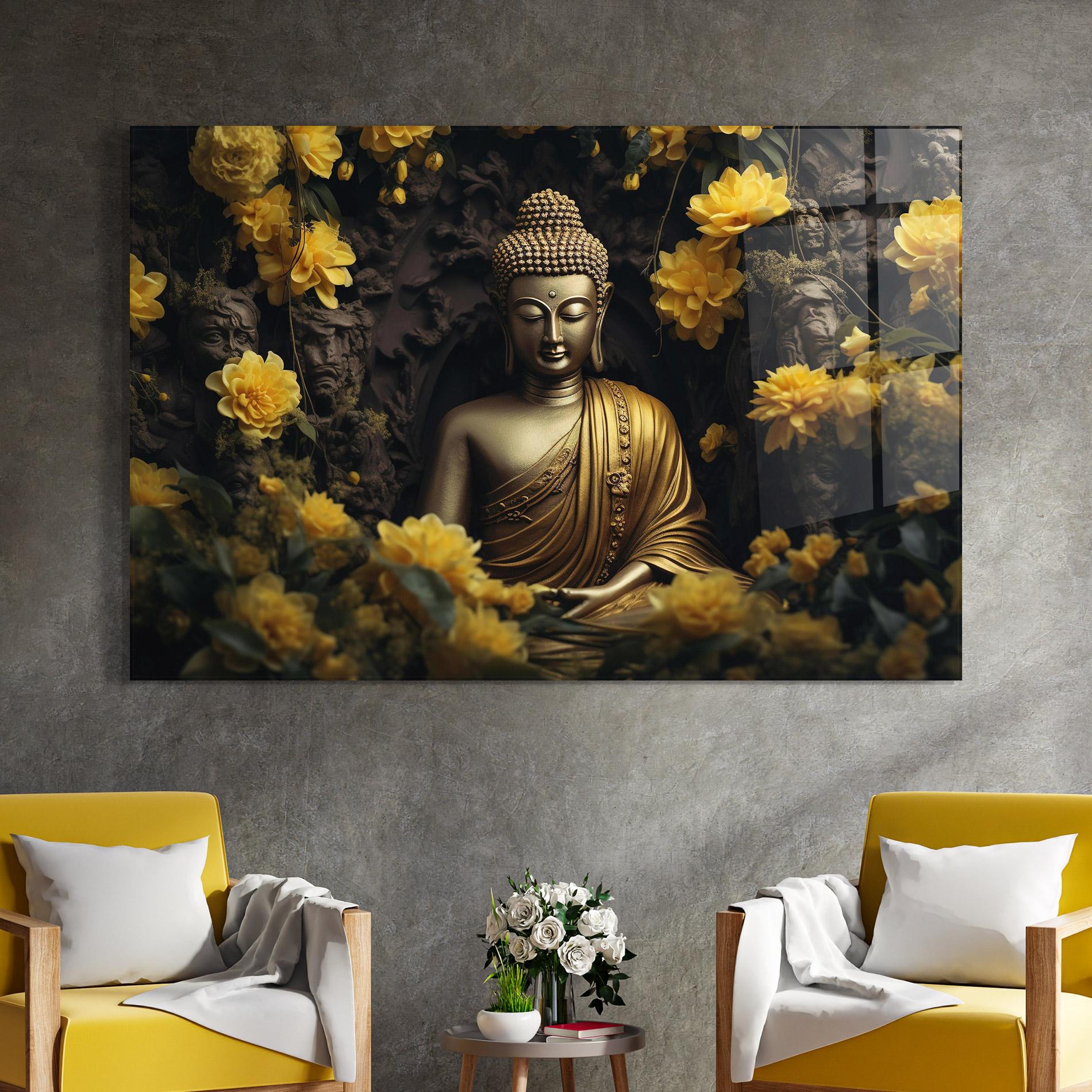 Стъклена картина Gold Buddha Flowers mockup 4