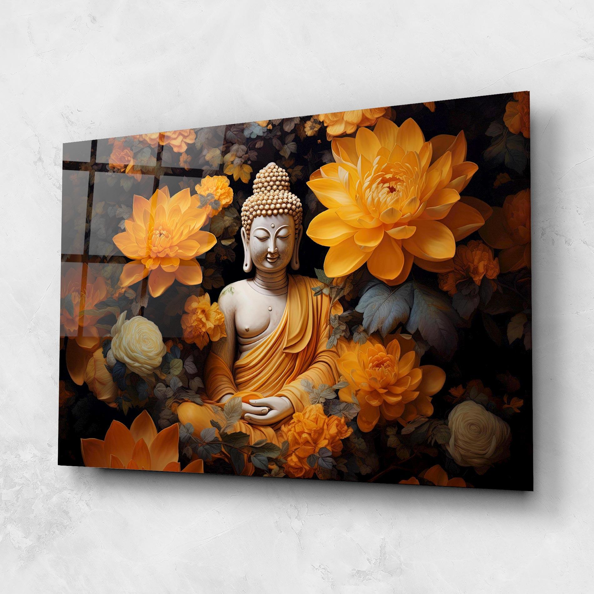 Стъклена картина Buddha Big Flowers mockup 1