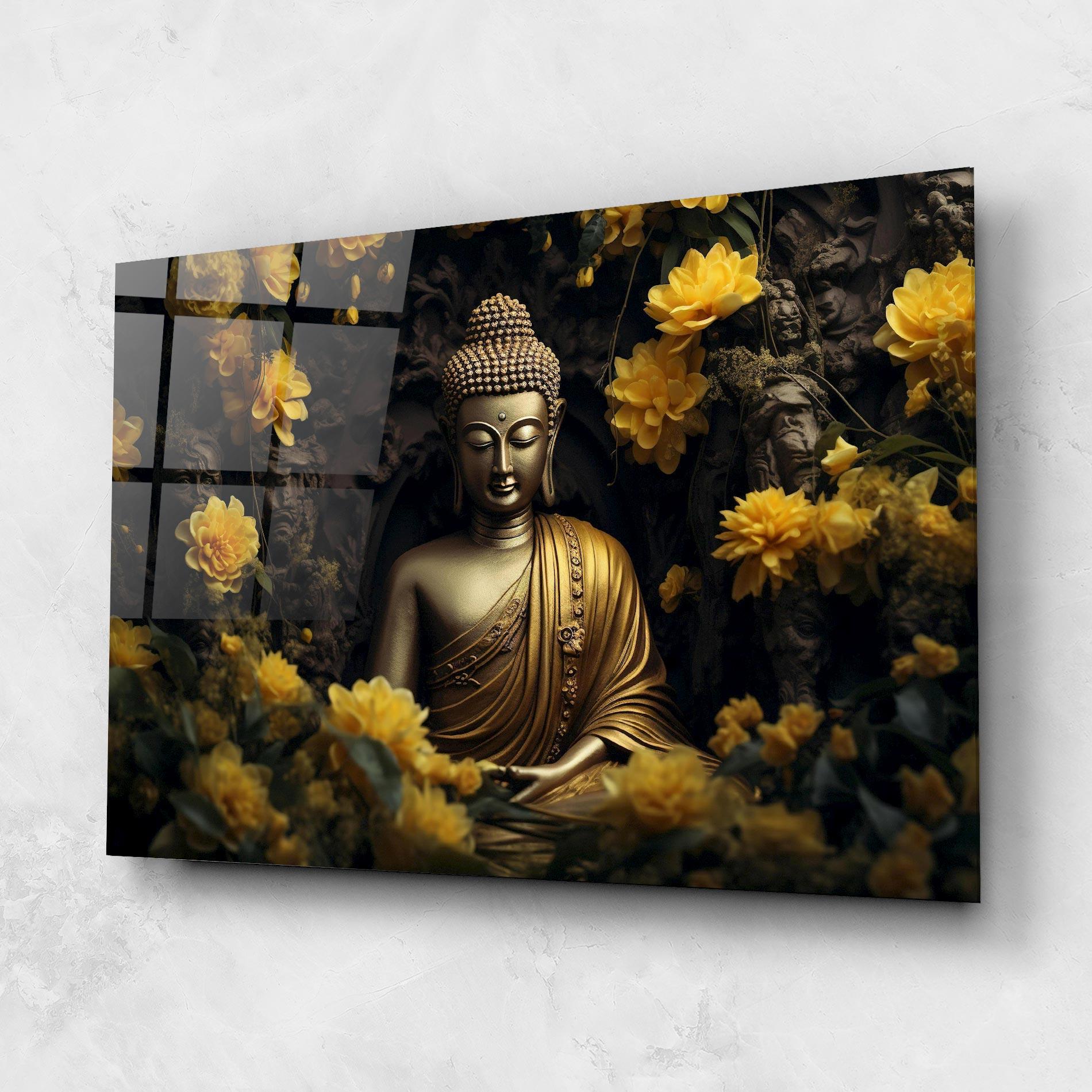 Стъклена картина Gold Buddha Flowers mockup 1