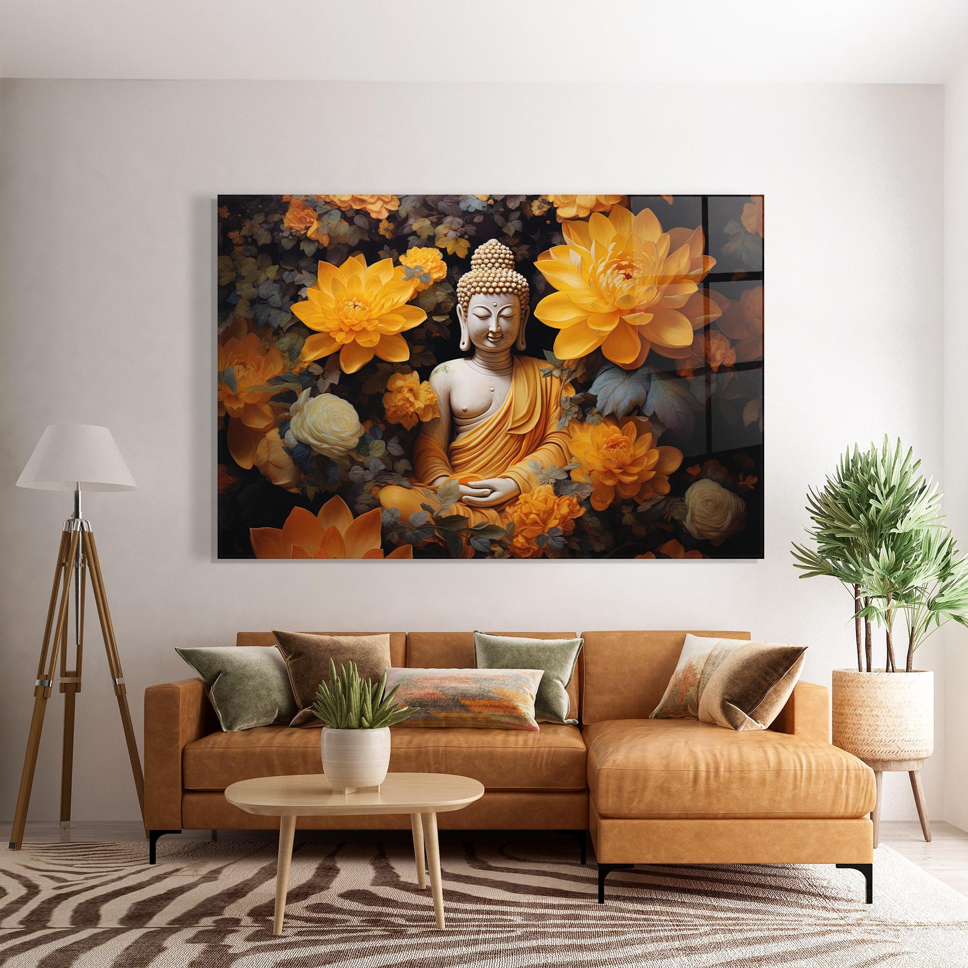 Стъклена картина Buddha Big Flowers mockup 7