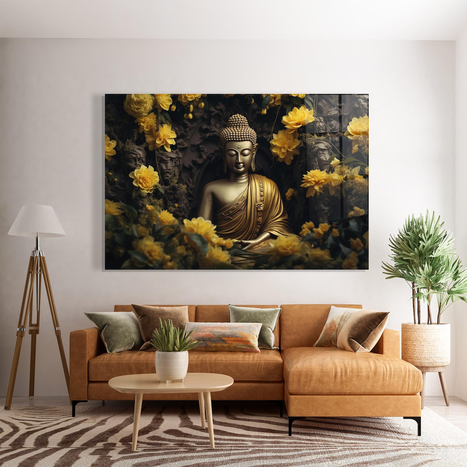 Стъклена картина Gold Buddha Flowers mockup 7