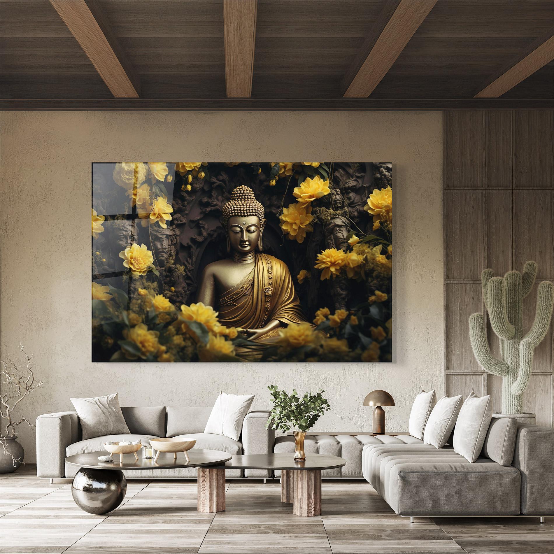 Стъклена картина Gold Buddha Flowers mockup 8