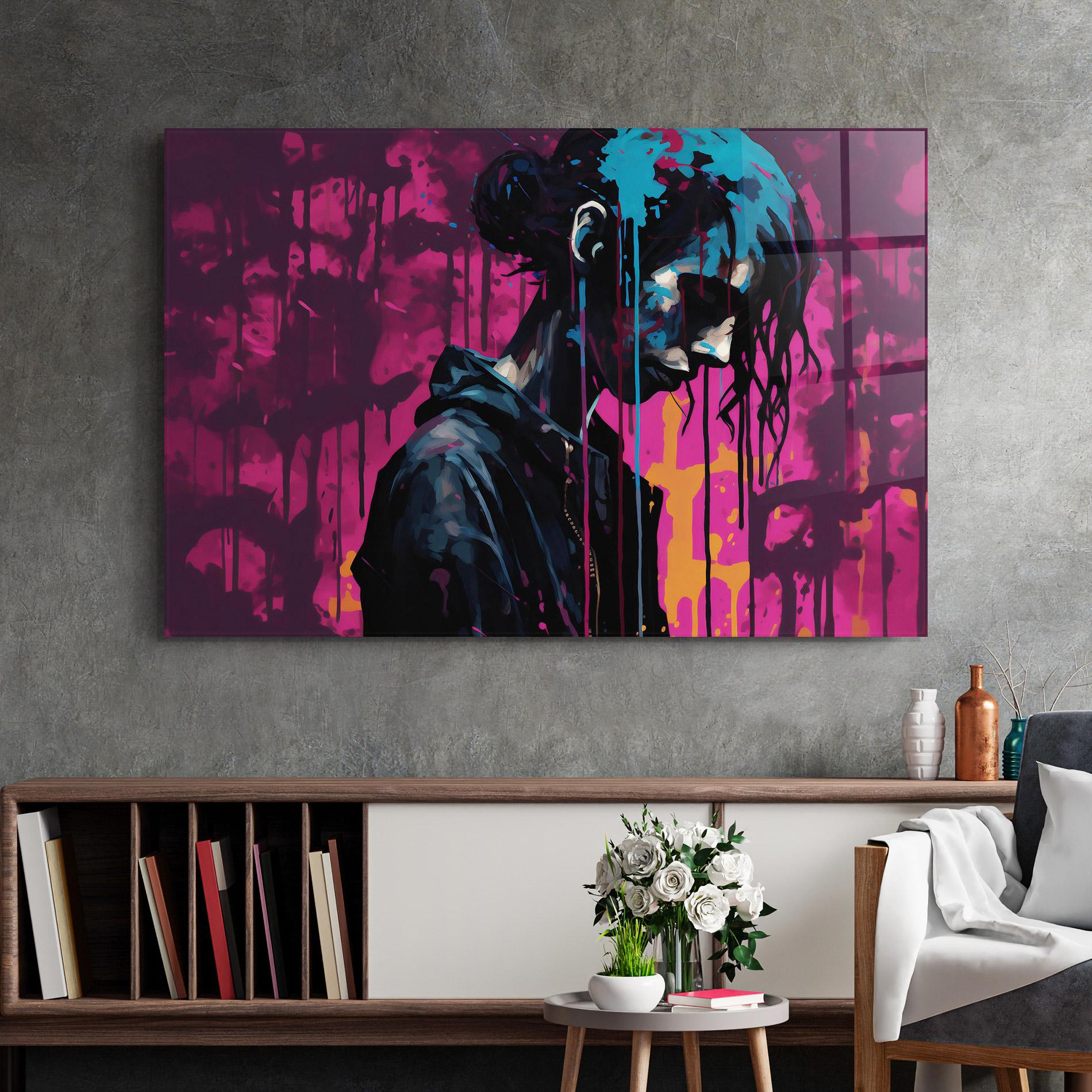 Стъклена картина Blue Pink Paint Falling mockup 2