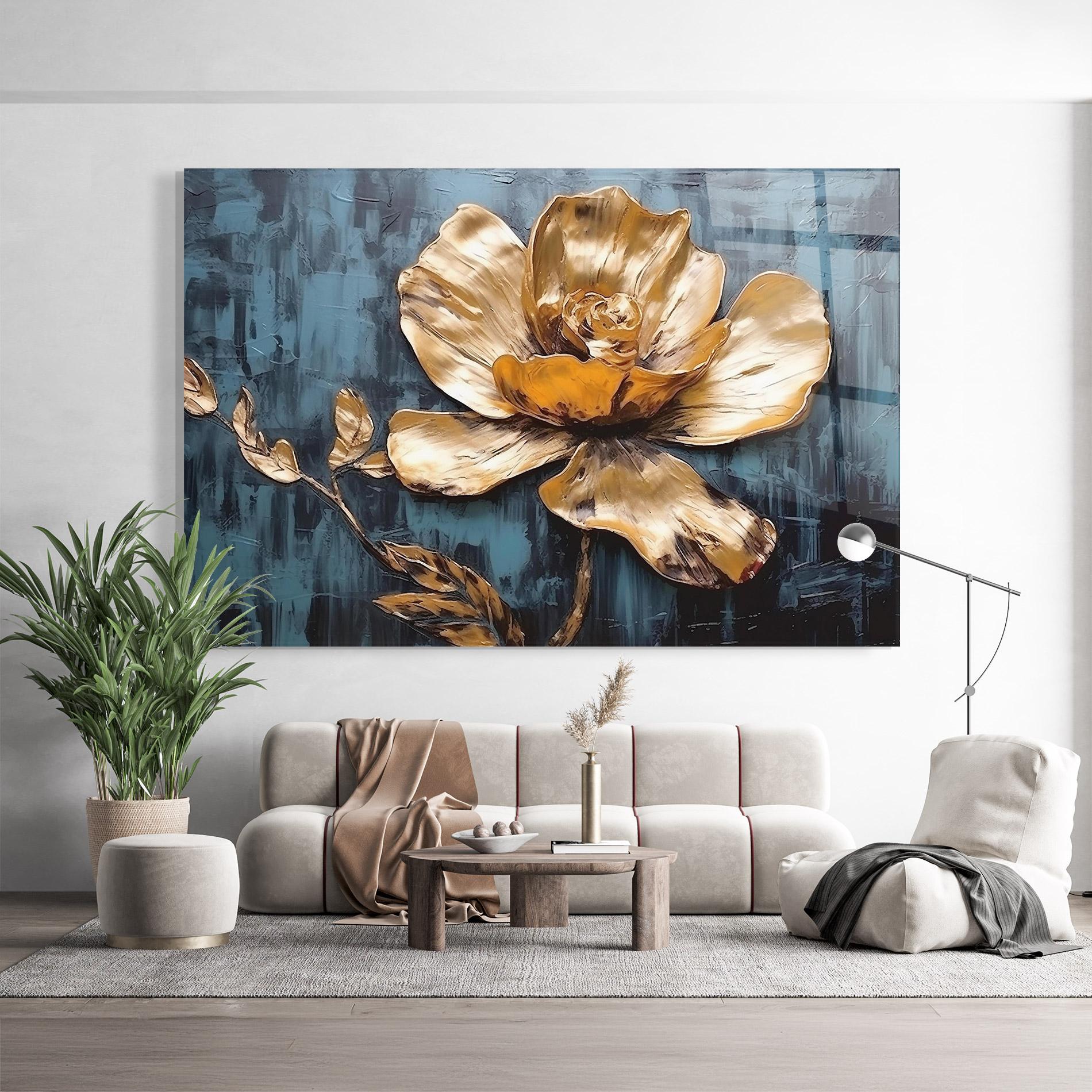 Стъклена картина Golden Rose On Blue mockup 9