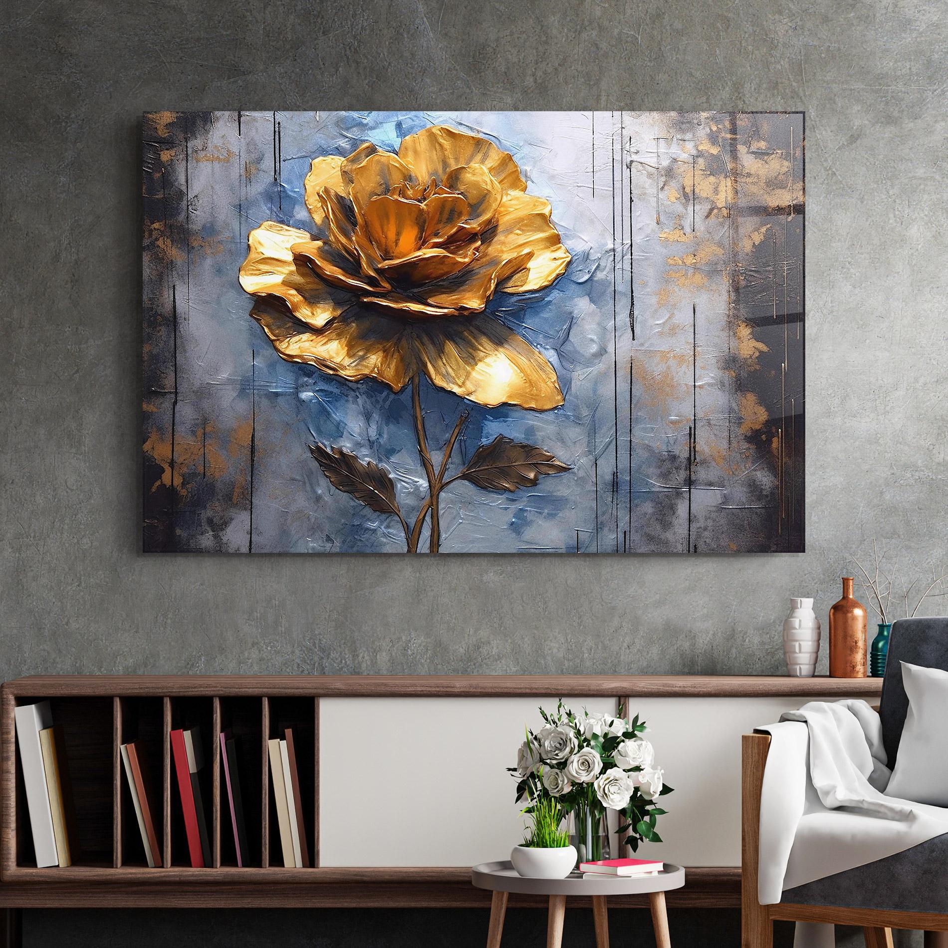 Стъклена картина Golden Rose Art On Blue mockup 2