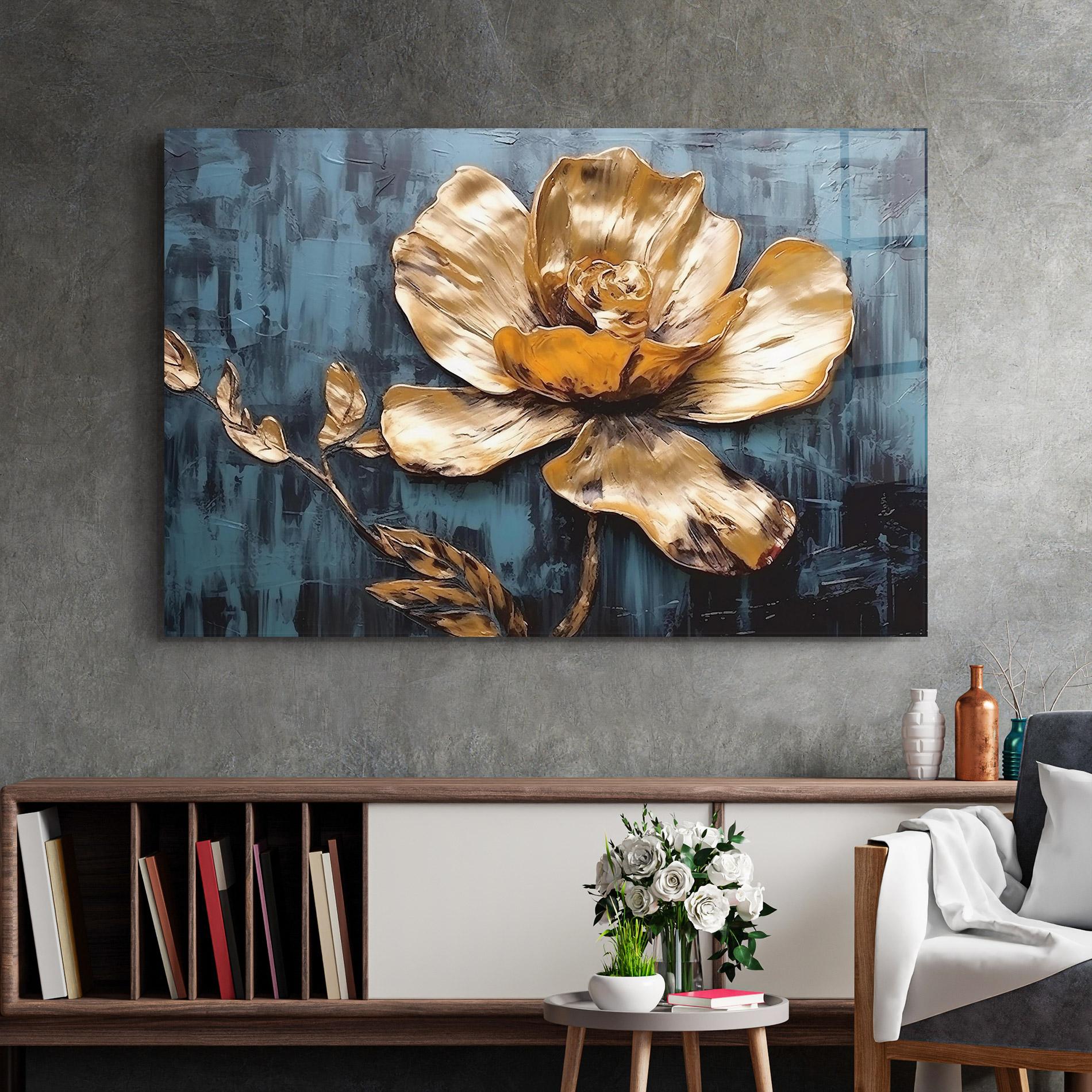Стъклена картина Golden Rose On Blue mockup 2