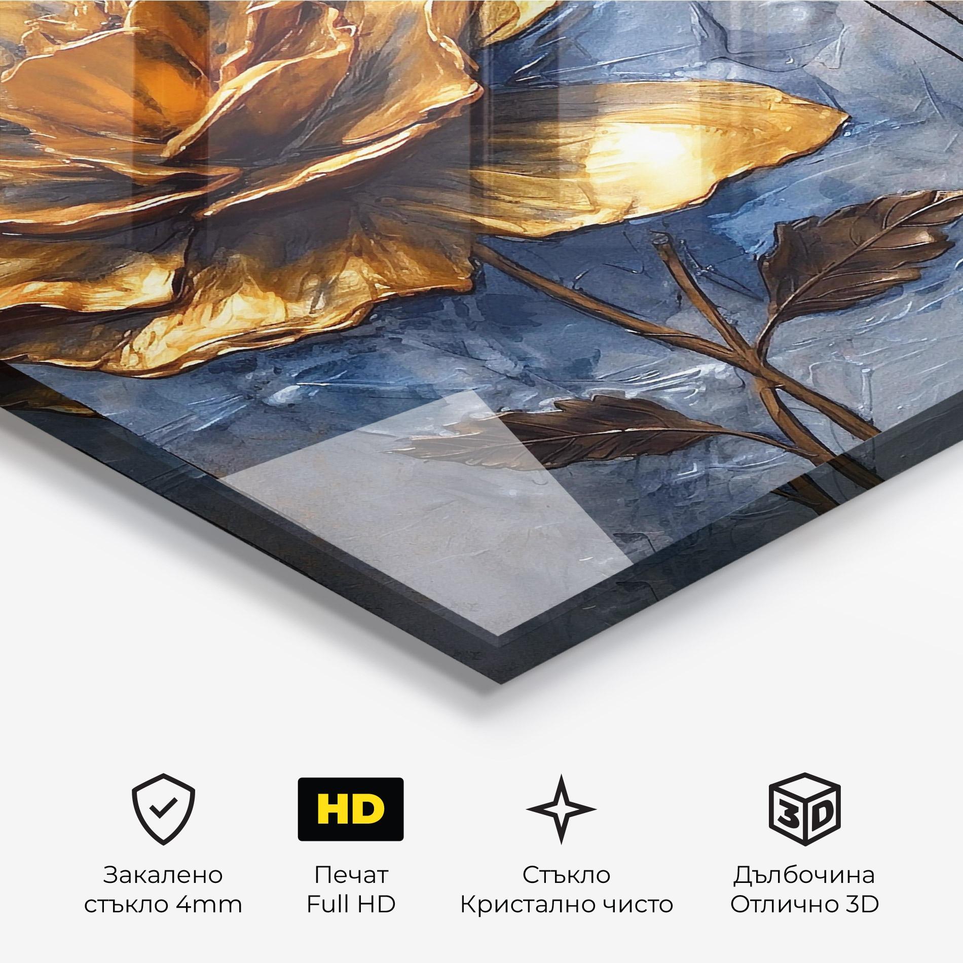 Стъклена картина Golden Rose Art On Blue mockup 3