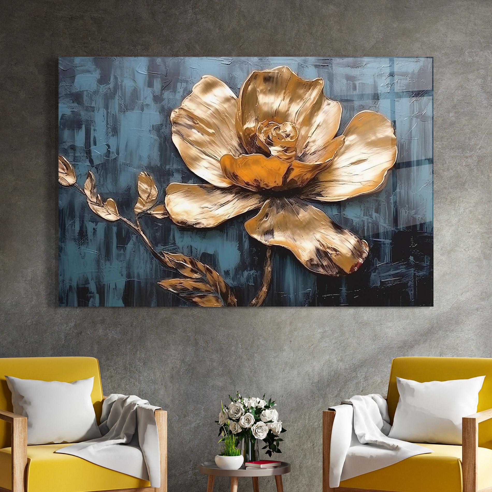 Стъклена картина Golden Rose On Blue mockup 4