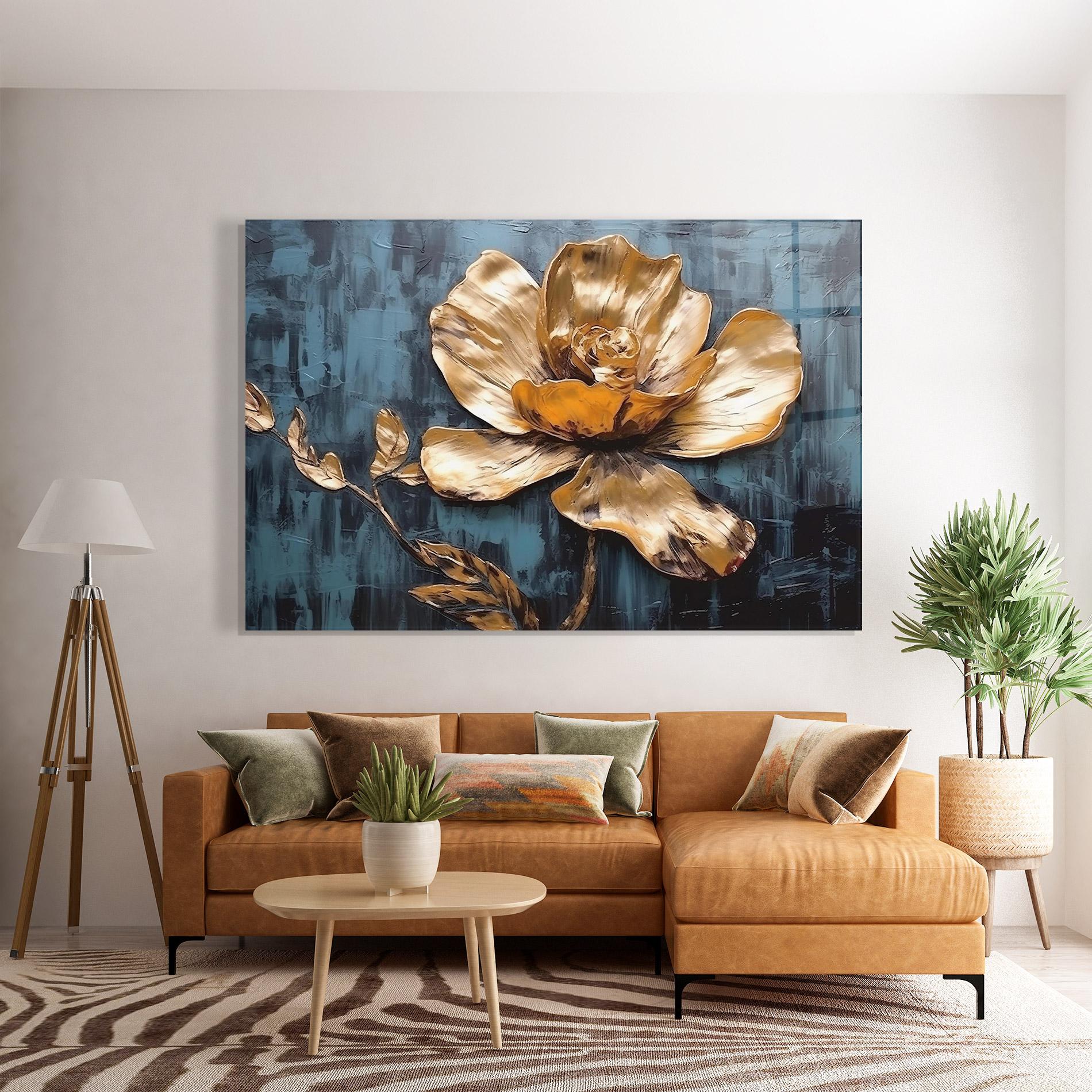 Стъклена картина Golden Rose On Blue mockup 7