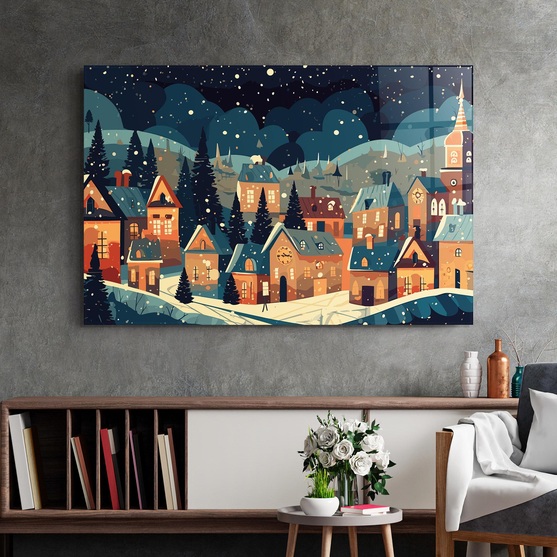 Стъклена картина Winter View Houses mockup 2