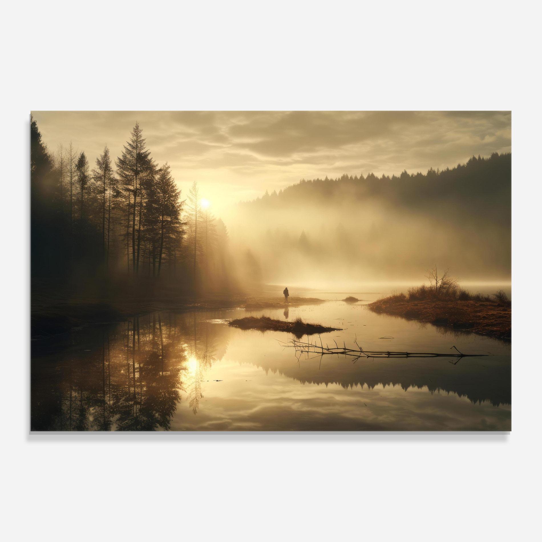 Стъклена картина The Sun Is Rising Over A River In A Foggy Forest mockup 0
