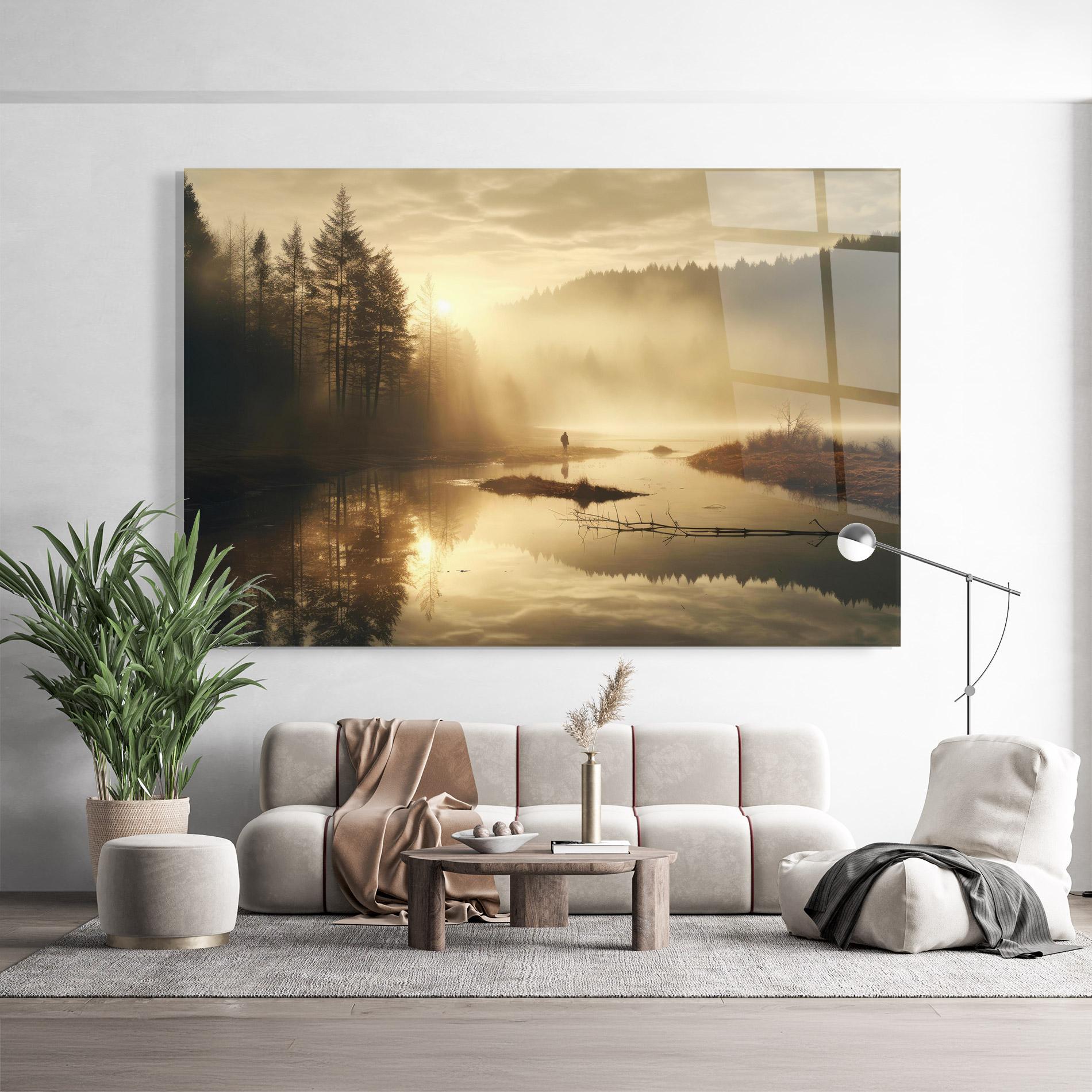 Стъклена картина The Sun Is Rising Over A River In A Foggy Forest mockup 9