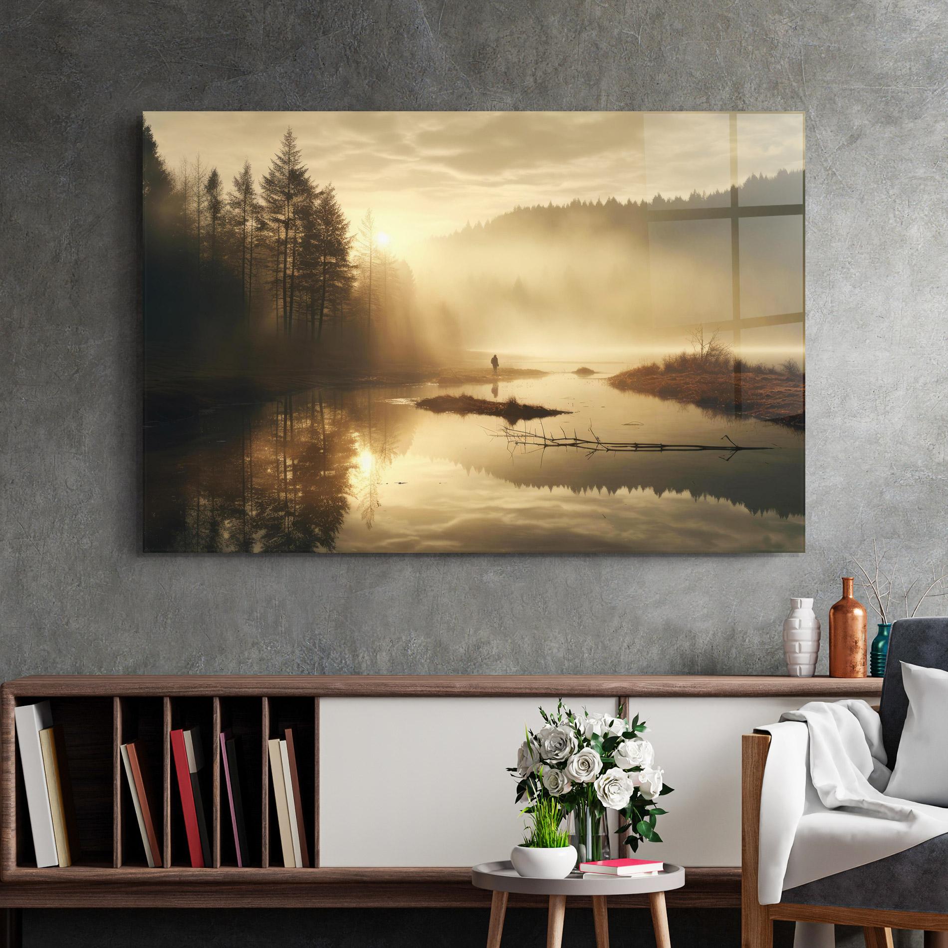 Стъклена картина The Sun Is Rising Over A River In A Foggy Forest mockup 2