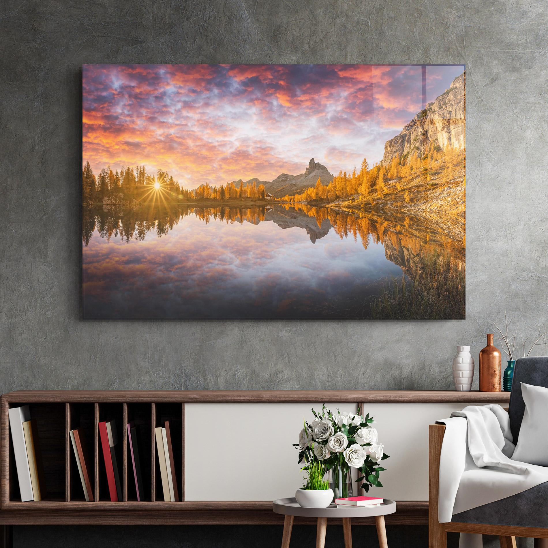 Стъклена картина Yellow Light Lake mockup 2