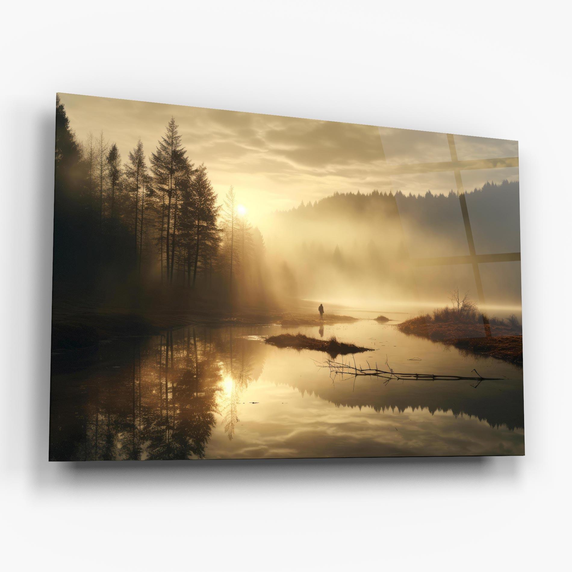 Стъклена картина The Sun Is Rising Over A River In A Foggy Forest mockup 6