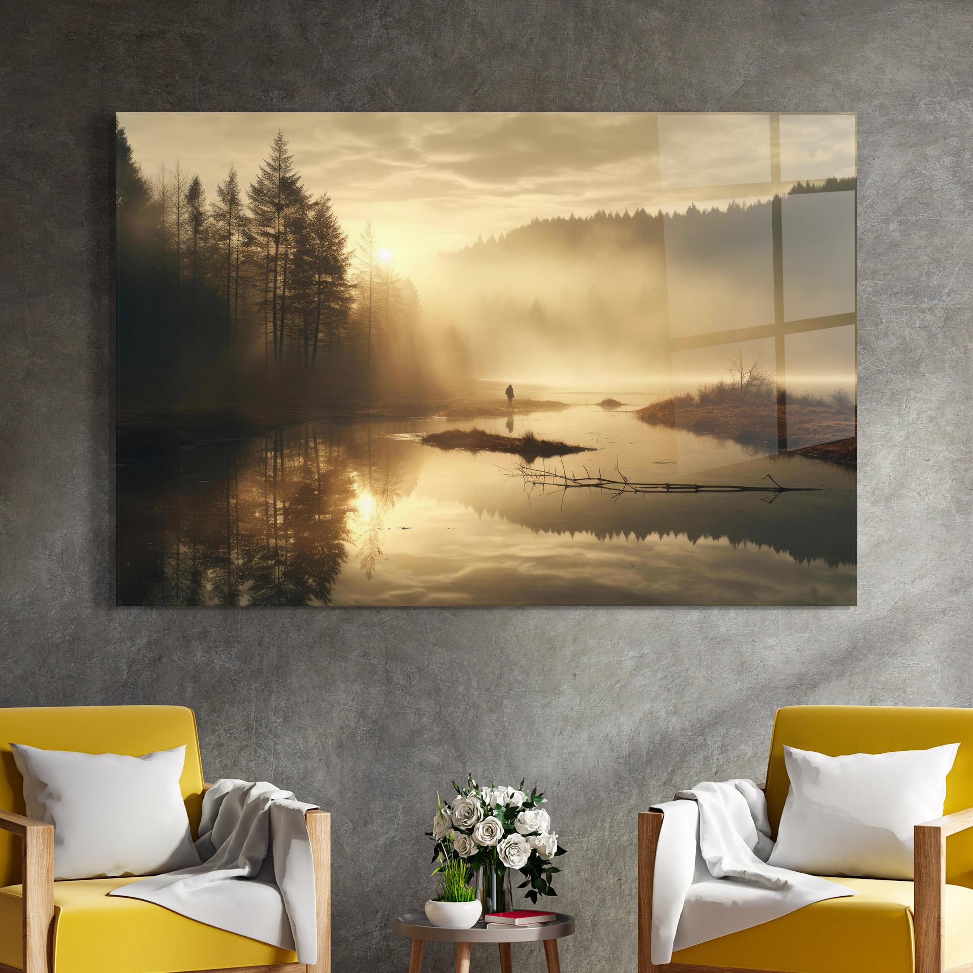 Стъклена картина The Sun Is Rising Over A River In A Foggy Forest mockup 4