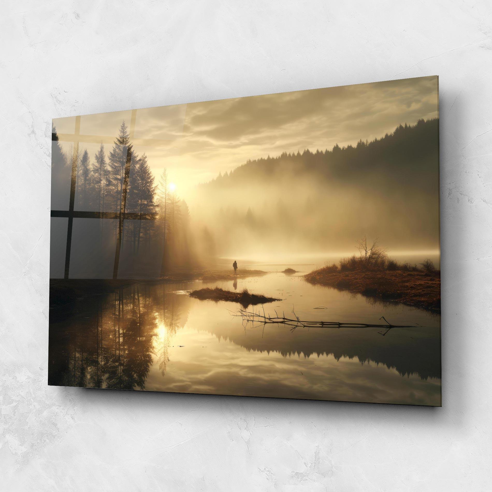Стъклена картина The Sun Is Rising Over A River In A Foggy Forest mockup 1